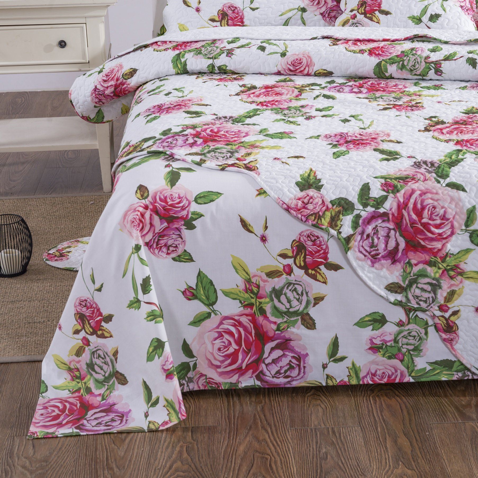DaDa Bedding Romantic Roses Lovely Spring Pink Floral Garden Fitted & Flat Bed Sheet Set w/ Pillow Cases (JHW879)