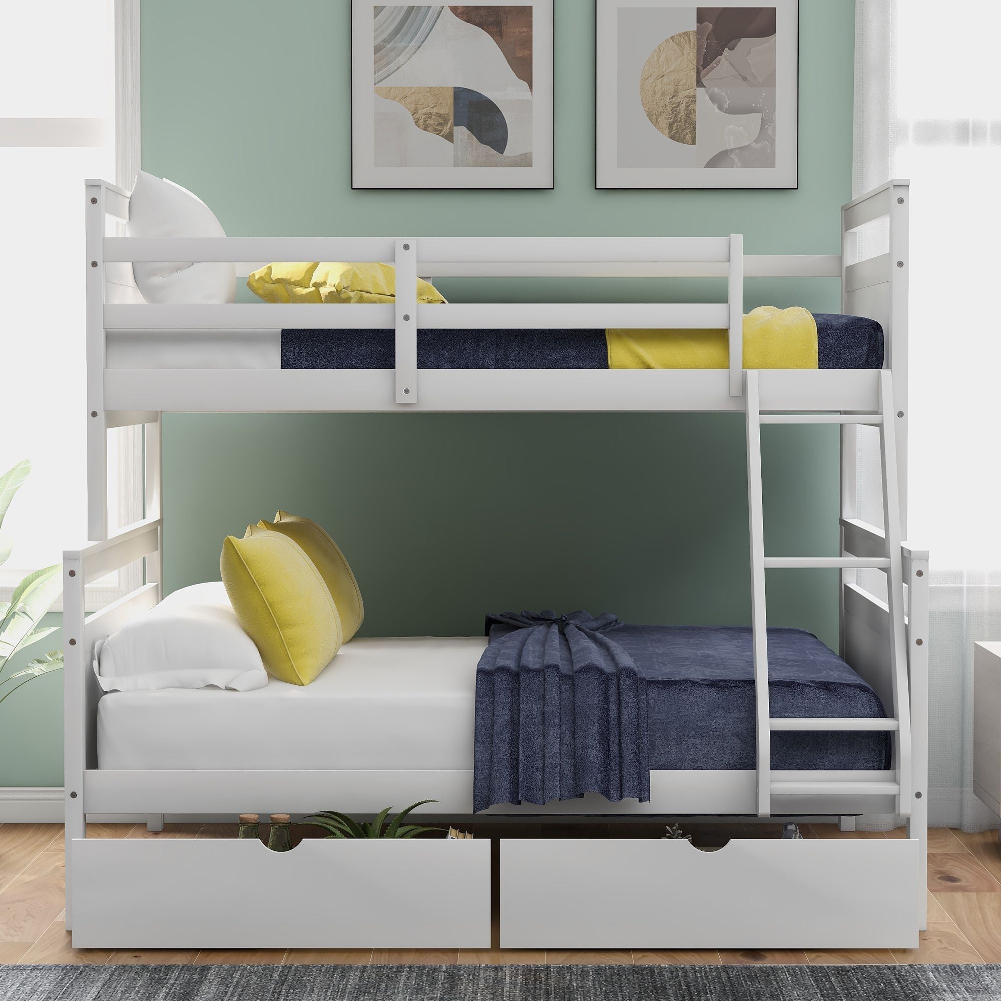 Siblings Shared Room Twin Over Full Wood Bunk Bed with Storage Drawers and Ladder White | Just Better Bunk Beds