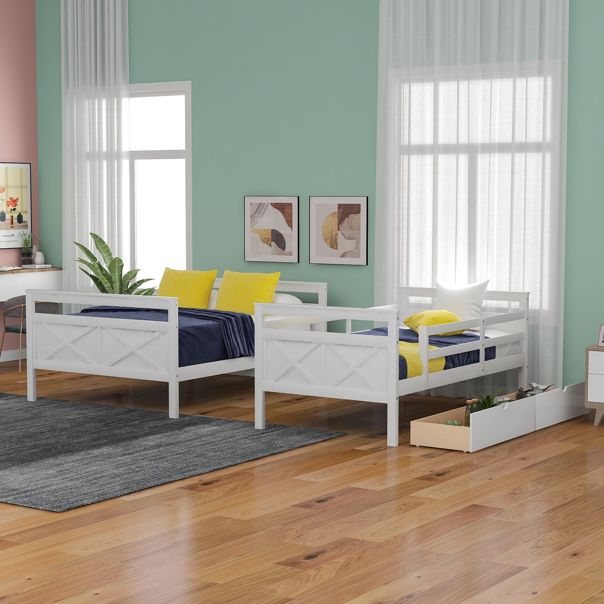 Siblings Shared Room Twin Over Full Wood Bunk Bed with Storage Drawers and Ladder White | Just Better Bunk Beds
