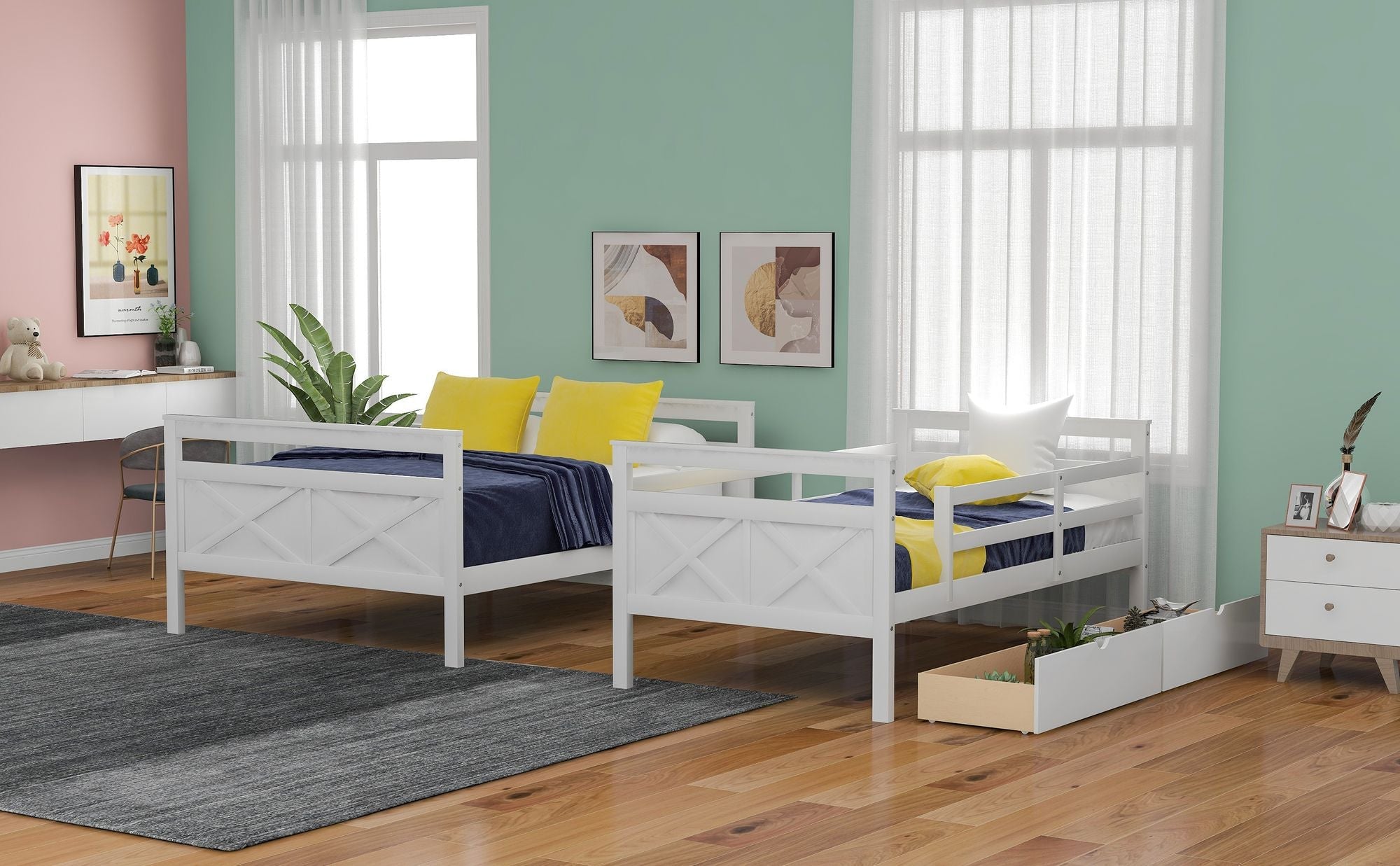 Siblings Shared Room Twin Over Full Wood Bunk Bed with Storage Drawers and Ladder White | Just Better Bunk Beds