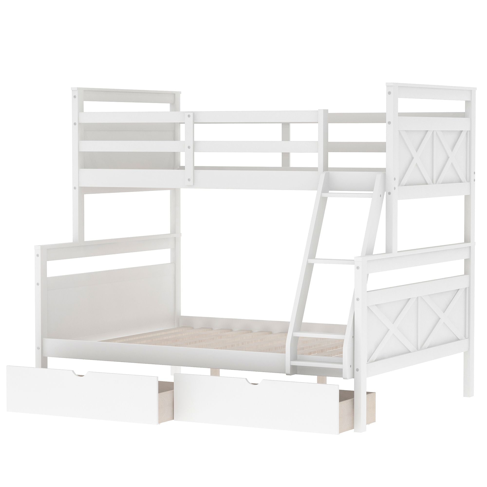 Siblings Shared Room Twin Over Full Wood Bunk Bed with Storage Drawers and Ladder White | Just Better Bunk Beds