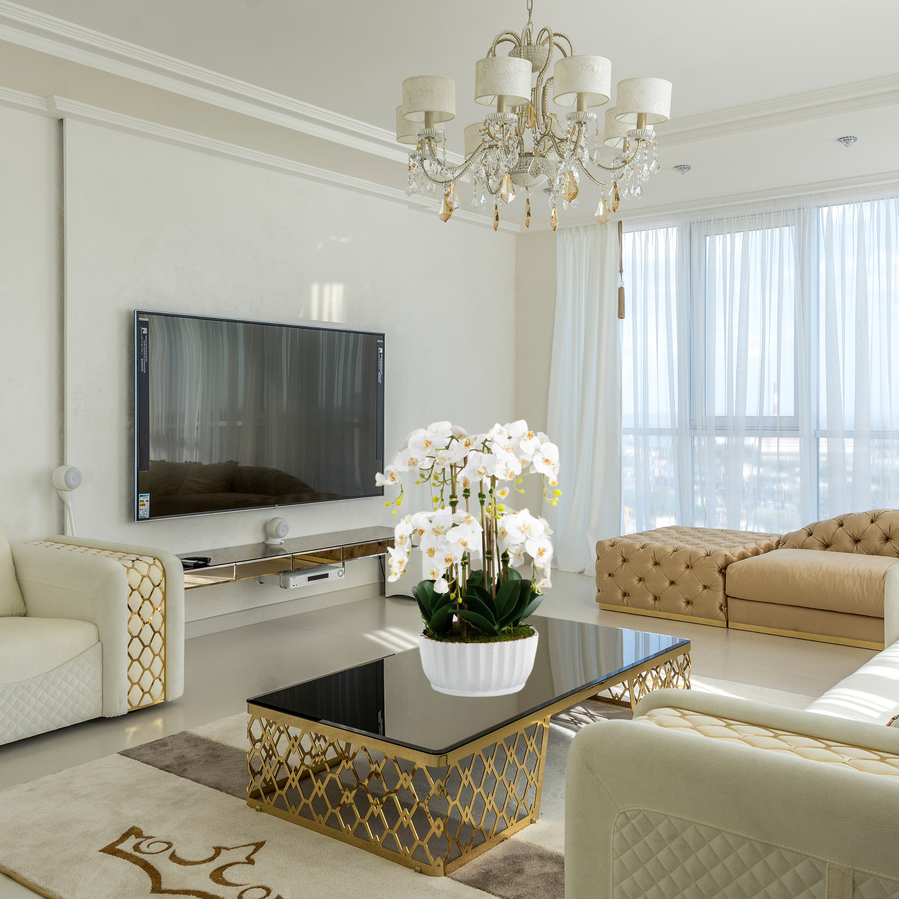 Faux orchid centerpiece in white vase