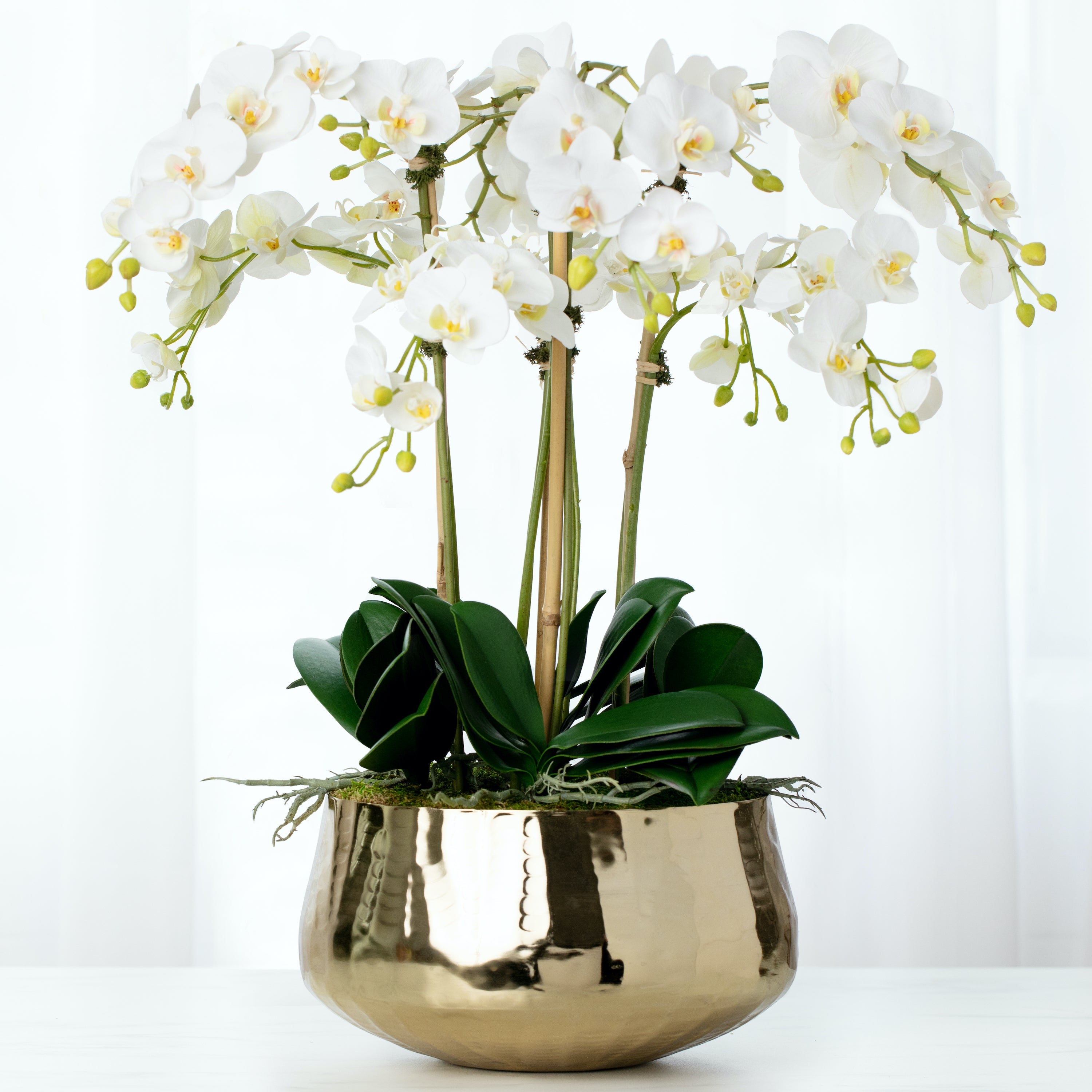 Faux orchid arrangement with white orchids in gold pot - 26"-0