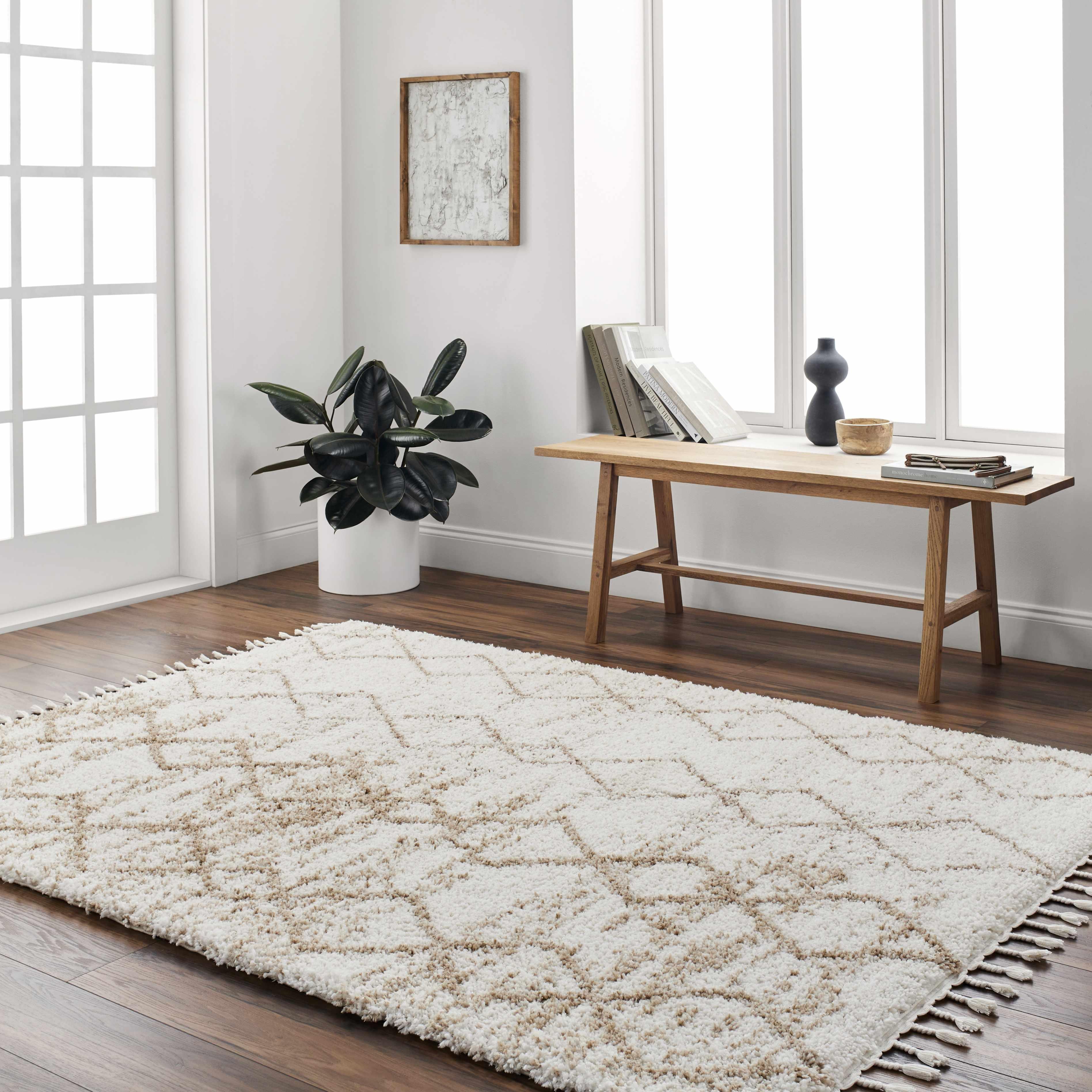 Ishan Cream Plush Rug with Tassels - PRHOMZ