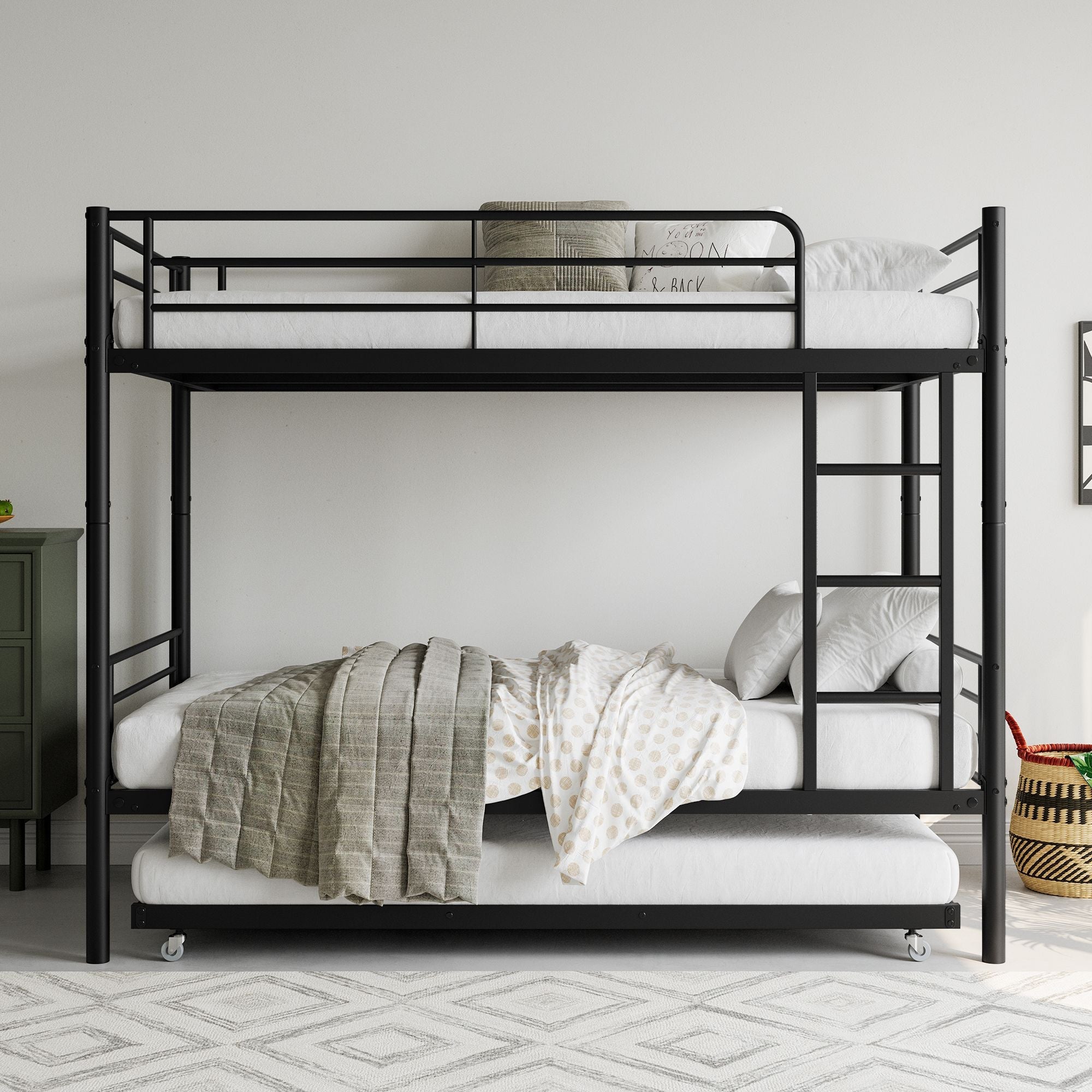Sleep Three with Twin Over Twin Metal Bunk Bed with Trundle, Black | Just Better Bunk Beds