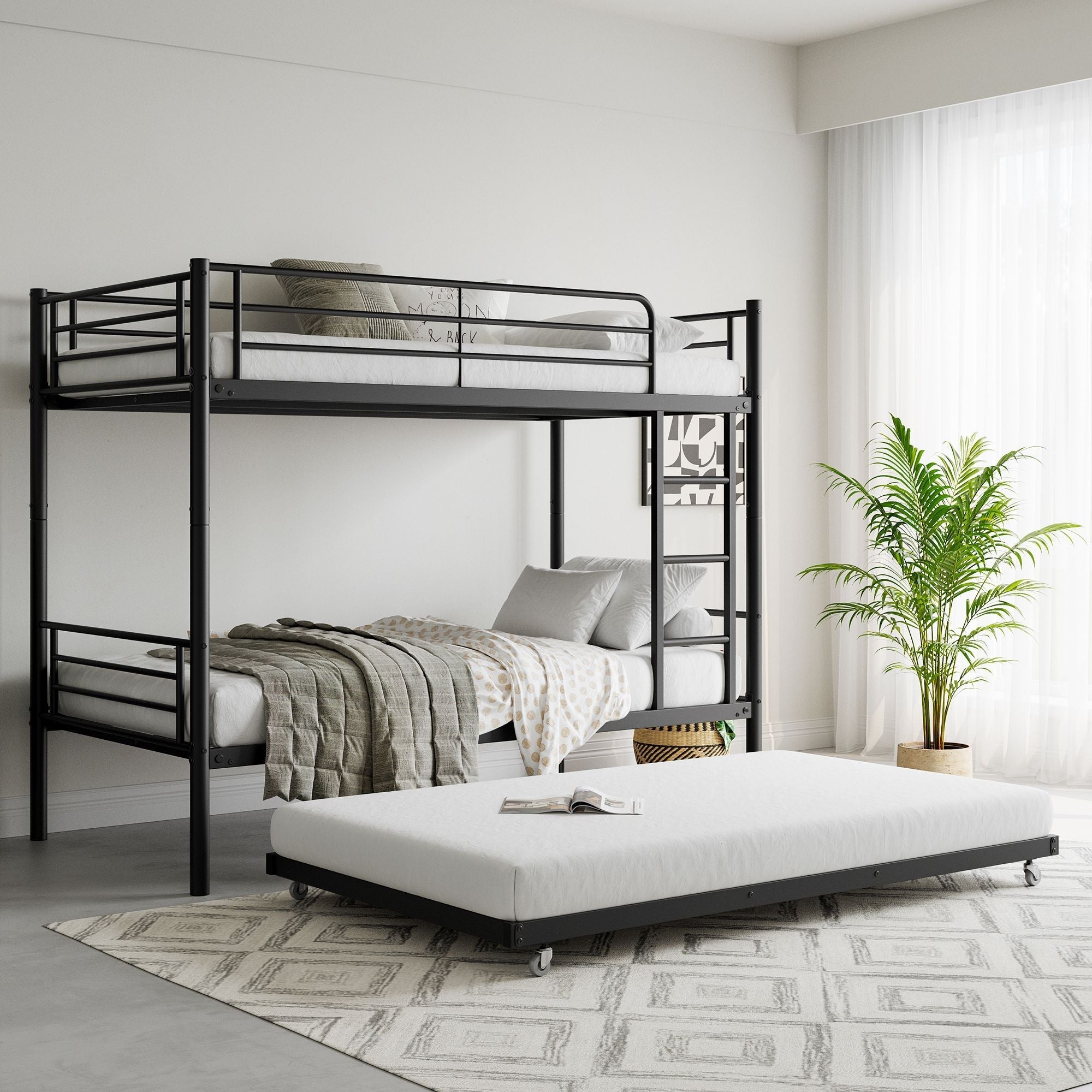 Sleep Three with Twin Over Twin Metal Bunk Bed with Trundle, Black | Just Better Bunk Beds