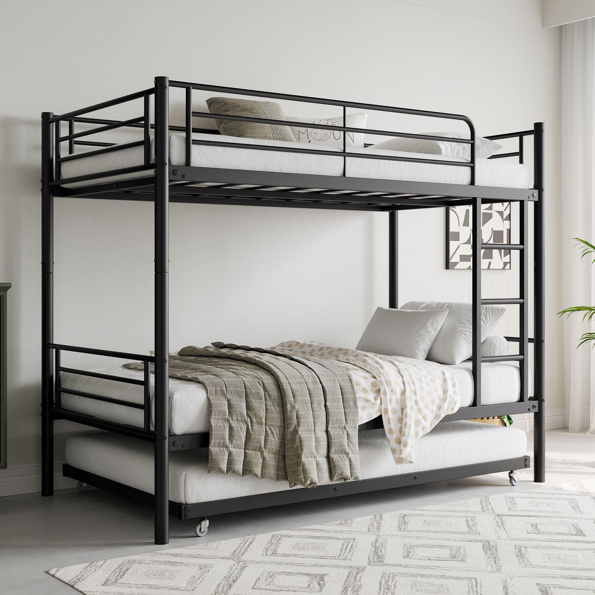 Sleep Three with Twin Over Twin Metal Bunk Bed with Trundle, Black | Just Better Bunk Beds