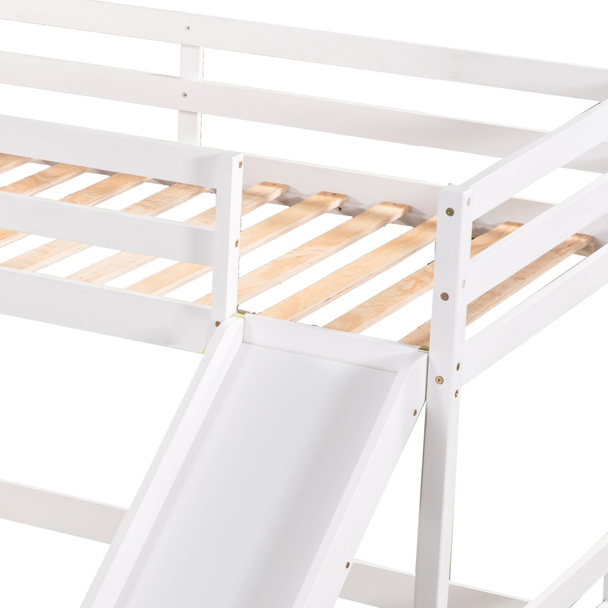 Space-Saving Full and Twin L-Shaped Wood Bunk Bed with Slide and Short Ladder in White | Just Better Bunk Beds