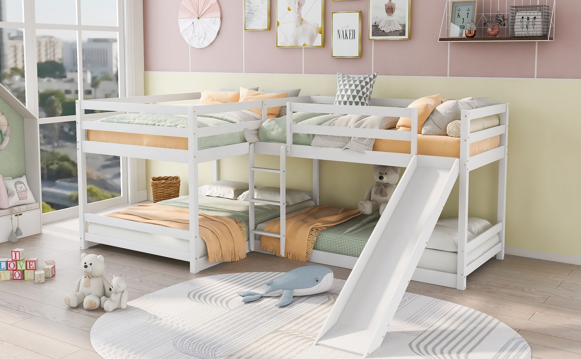 Space-Saving Full and Twin L-Shaped Wood Bunk Bed with Slide and Short Ladder in White | Just Better Bunk Beds