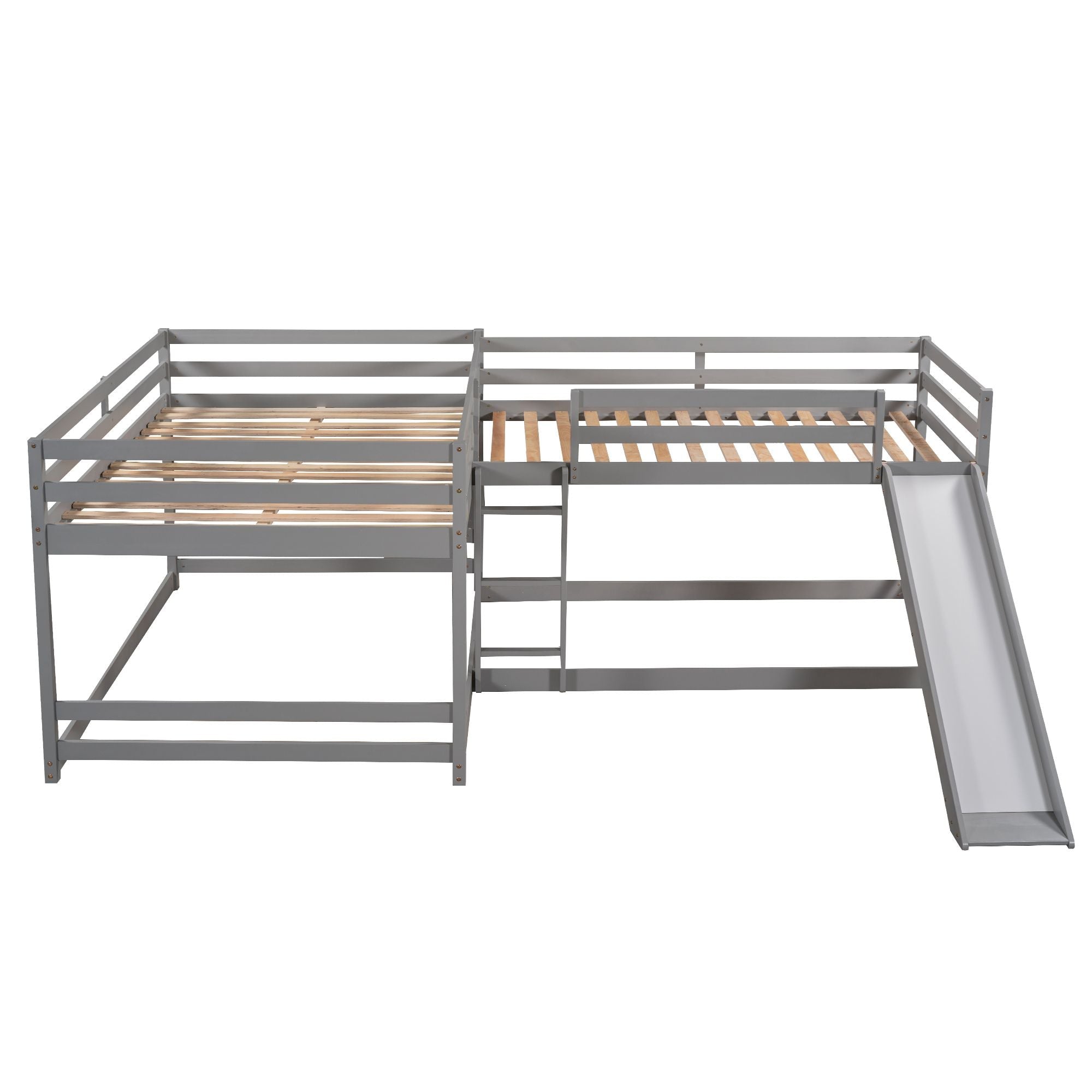 Space-Saving Full and Twin L-Shaped Wood Bunk Bed with Slide and Short Ladder in White | Just Better Bunk Beds