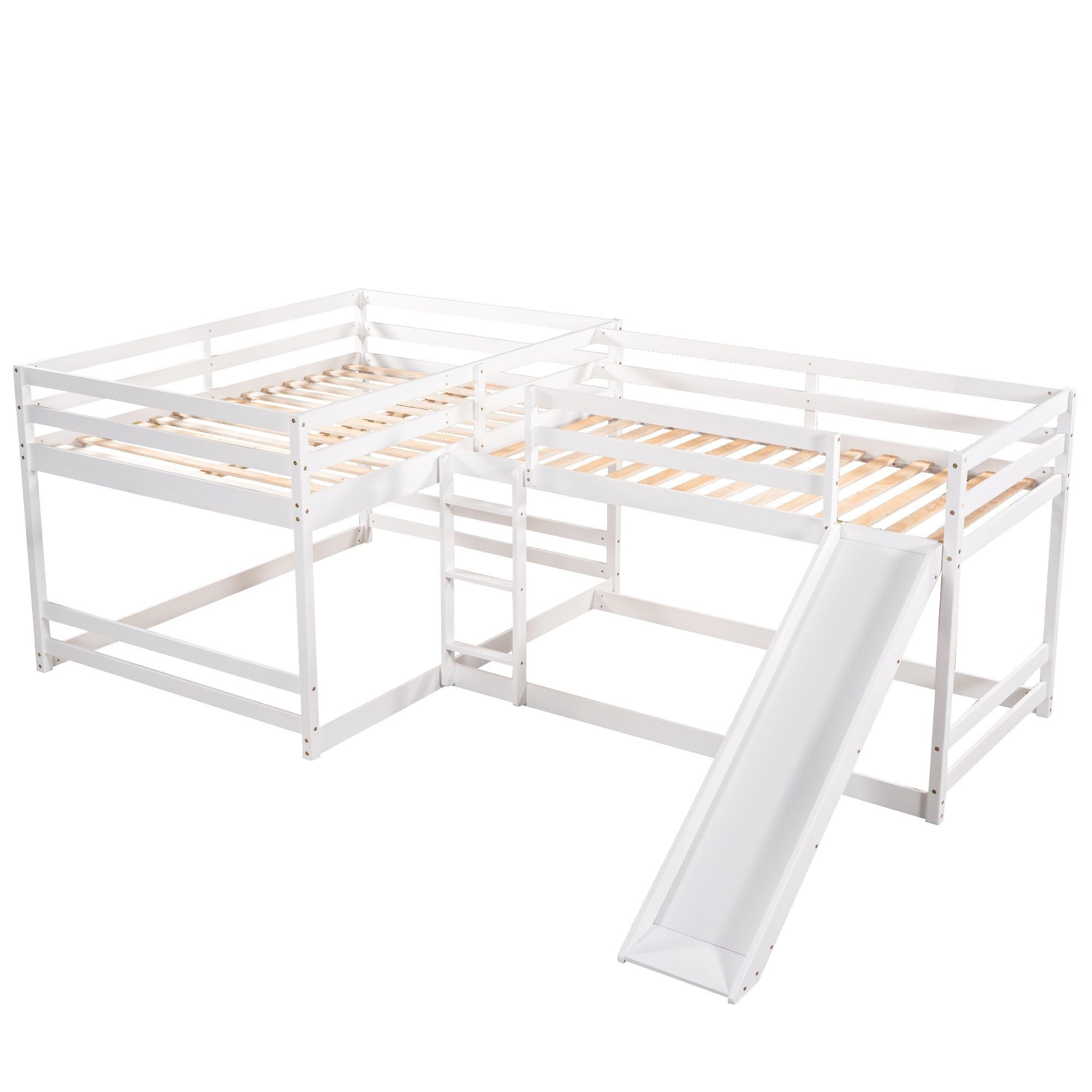 Space-Saving Full and Twin L-Shaped Wood Bunk Bed with Slide and Short Ladder in White | Just Better Bunk Beds