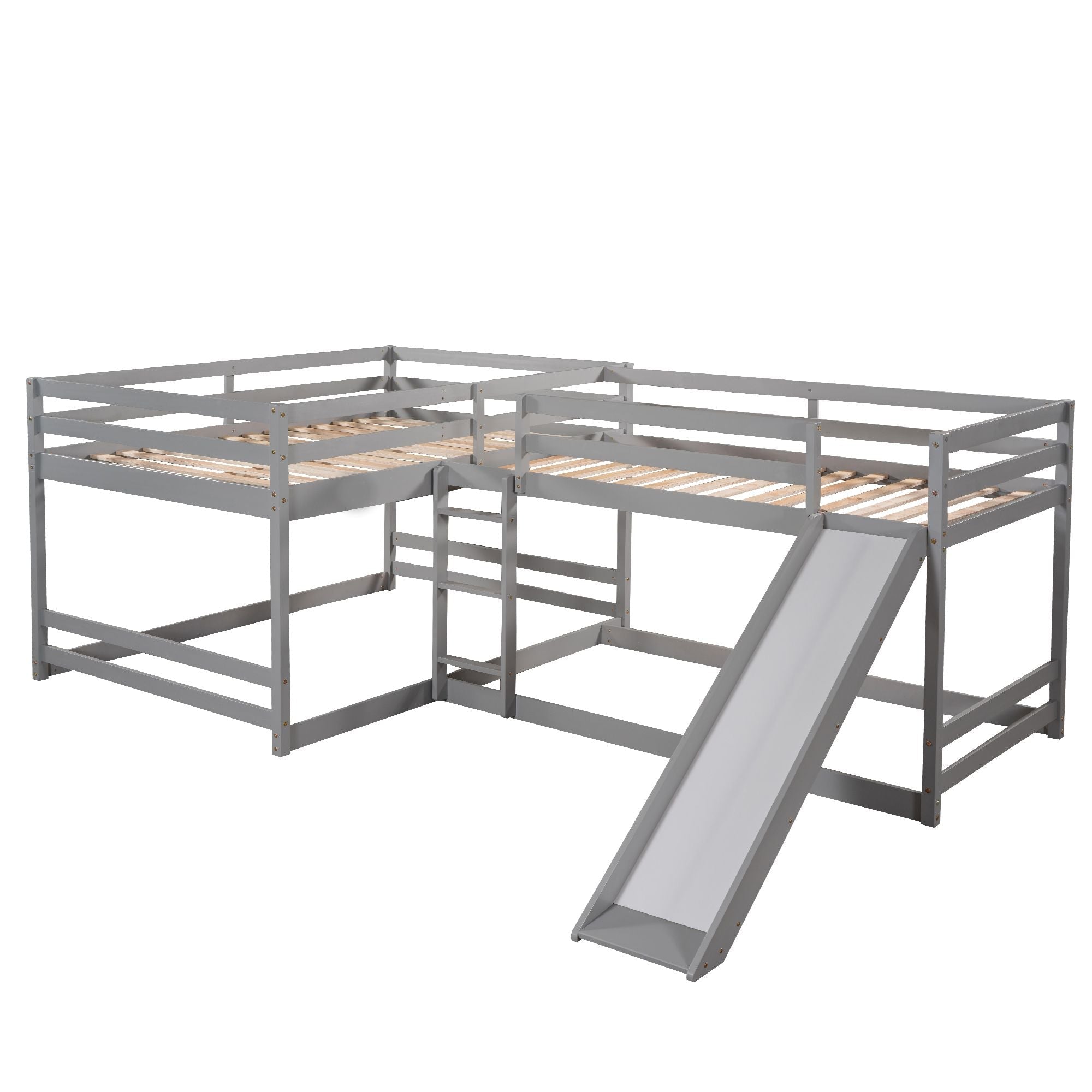 Space-Saving Full and Twin L-Shaped Wood Bunk Bed with Slide and Short Ladder in White | Just Better Bunk Beds