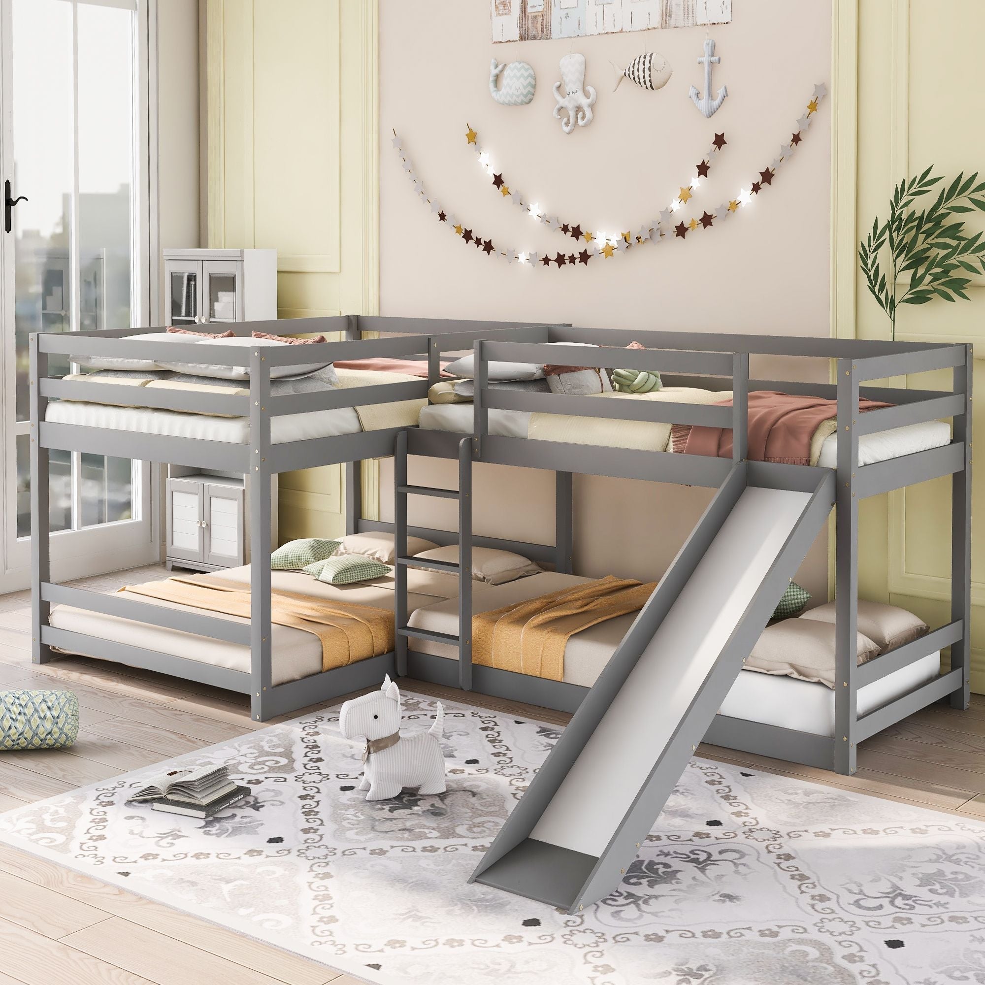 Space-Saving Full and Twin L-Shaped Wood Bunk Bed with Slide and Short Ladder in White | Just Better Bunk Beds