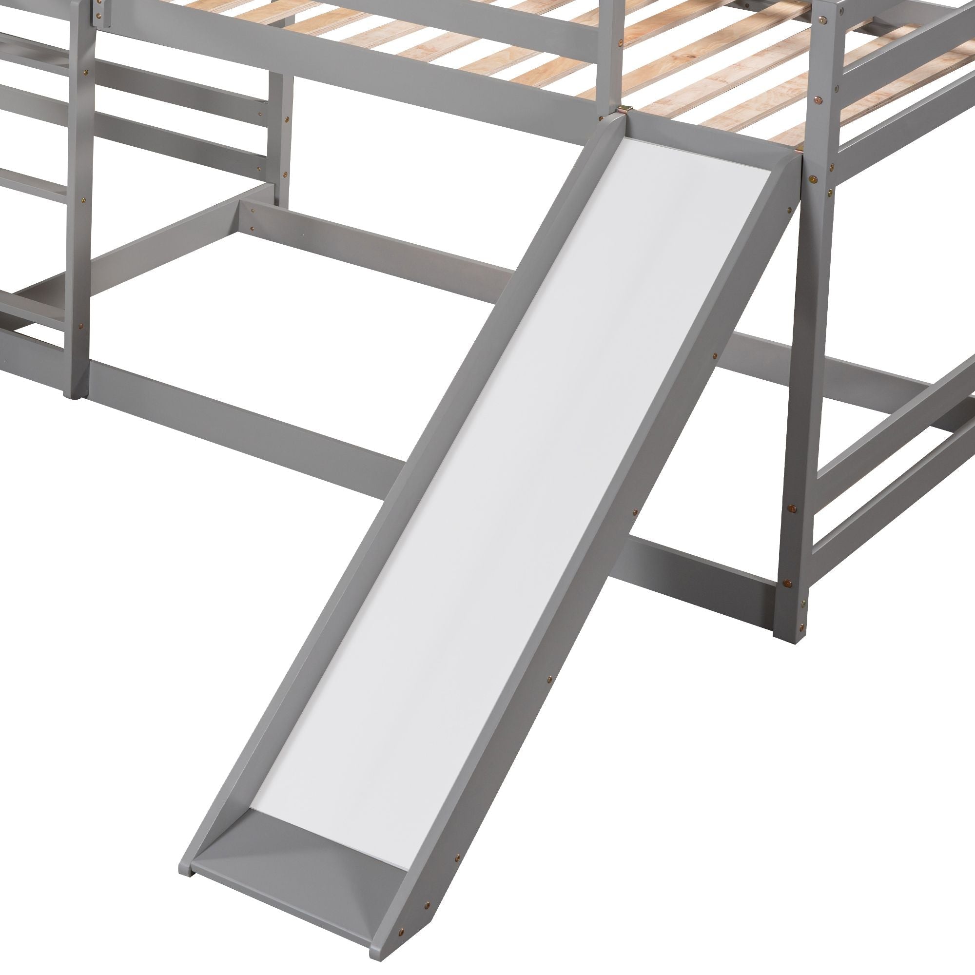Space-Saving Full and Twin L-Shaped Wood Bunk Bed with Slide and Short Ladder in White | Just Better Bunk Beds