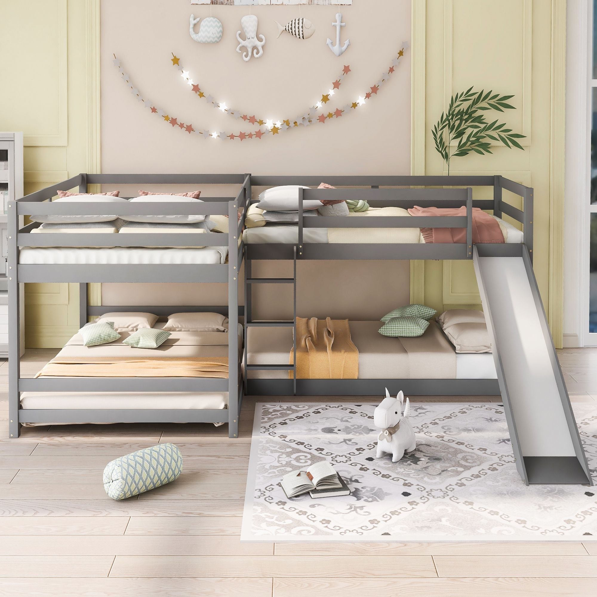 Space-Saving Full and Twin L-Shaped Wood Bunk Bed with Slide and Short Ladder in White | Just Better Bunk Beds