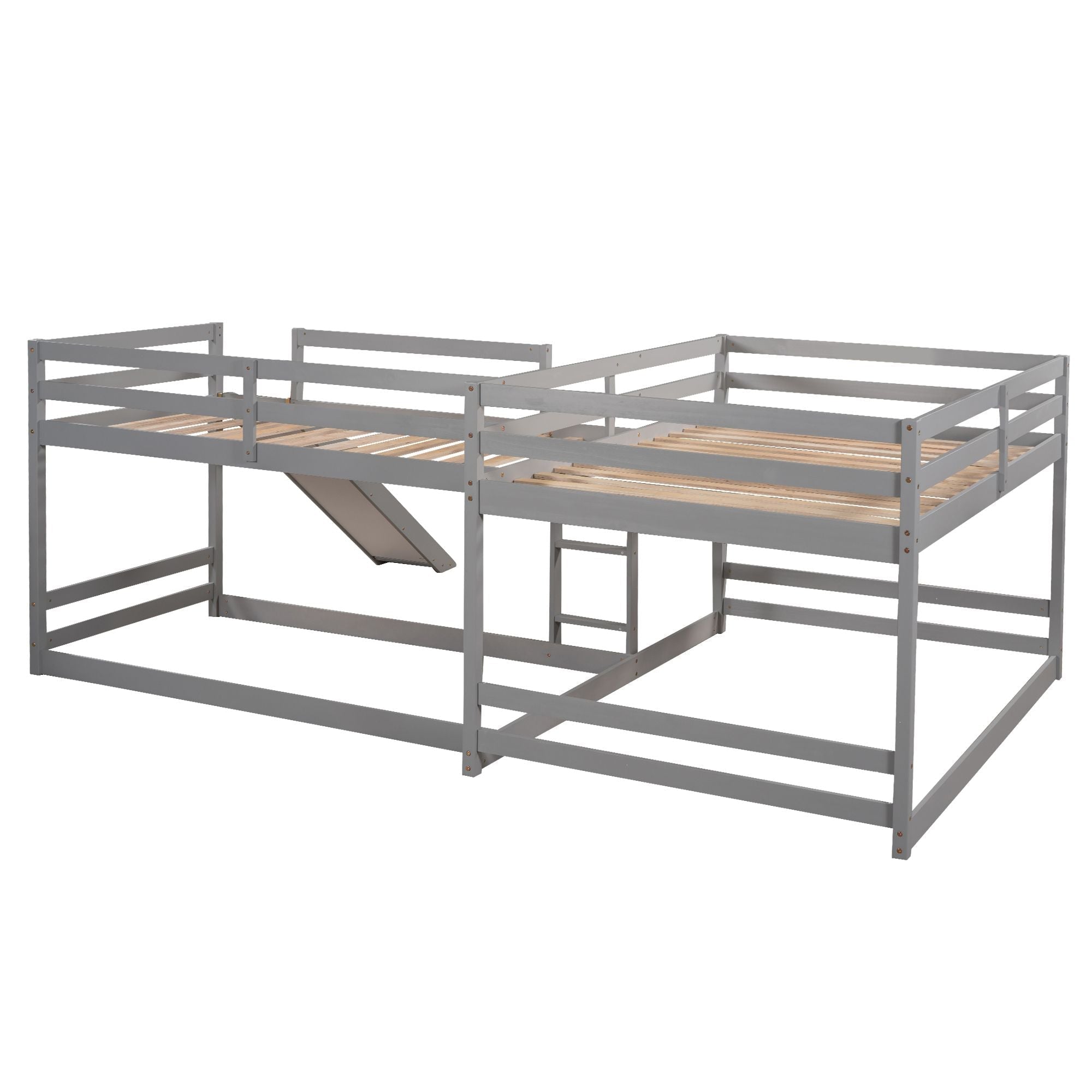Space-Saving Full and Twin L-Shaped Wood Bunk Bed with Slide and Short Ladder in White | Just Better Bunk Beds