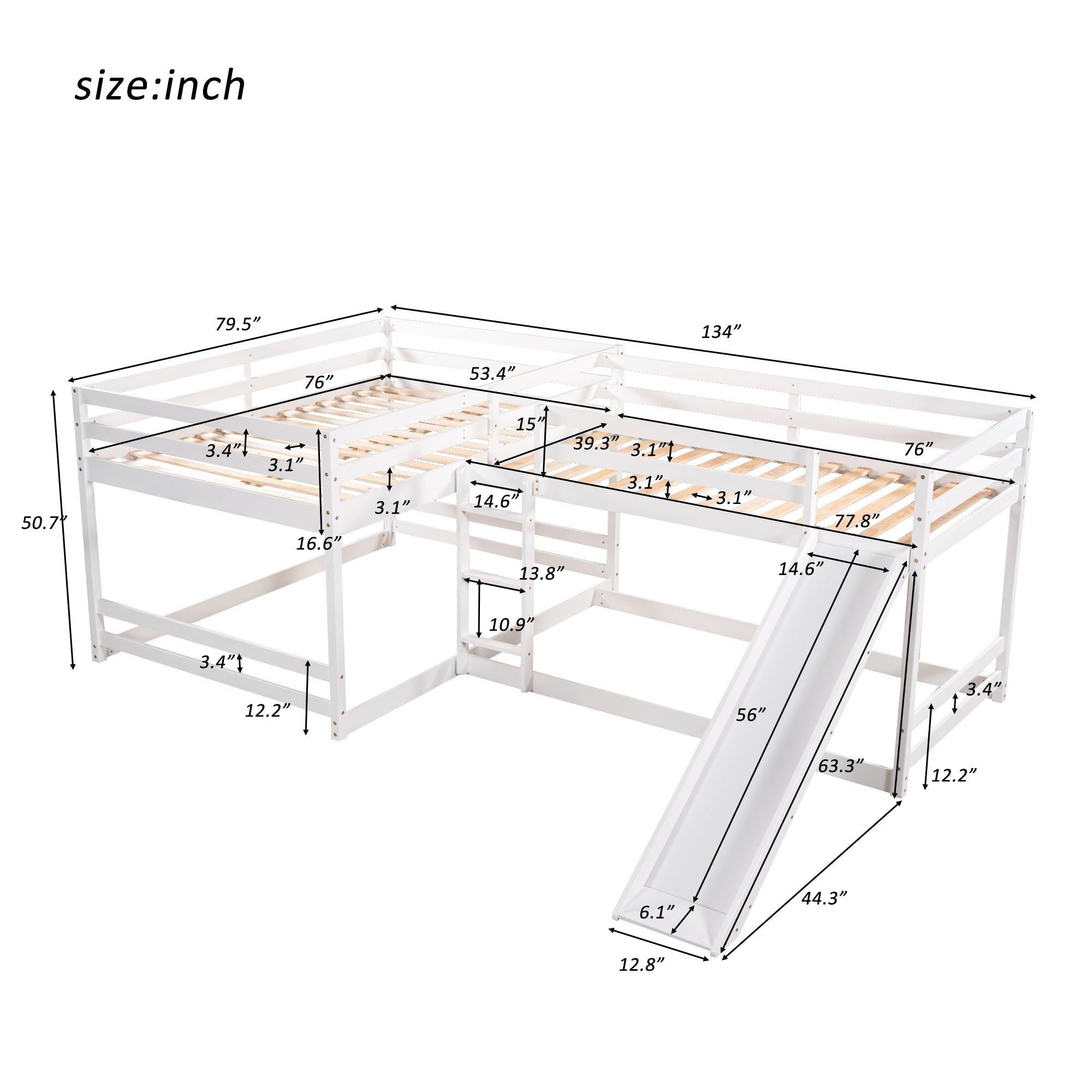 Space-Saving Full and Twin L-Shaped Wood Bunk Bed with Slide and Short Ladder in White | Just Better Bunk Beds