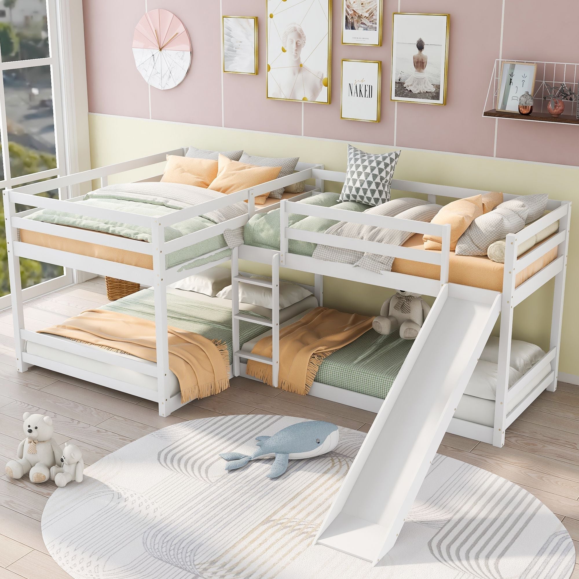 Space-Saving Full and Twin L-Shaped Wood Bunk Bed with Slide and Short Ladder in White | Just Better Bunk Beds