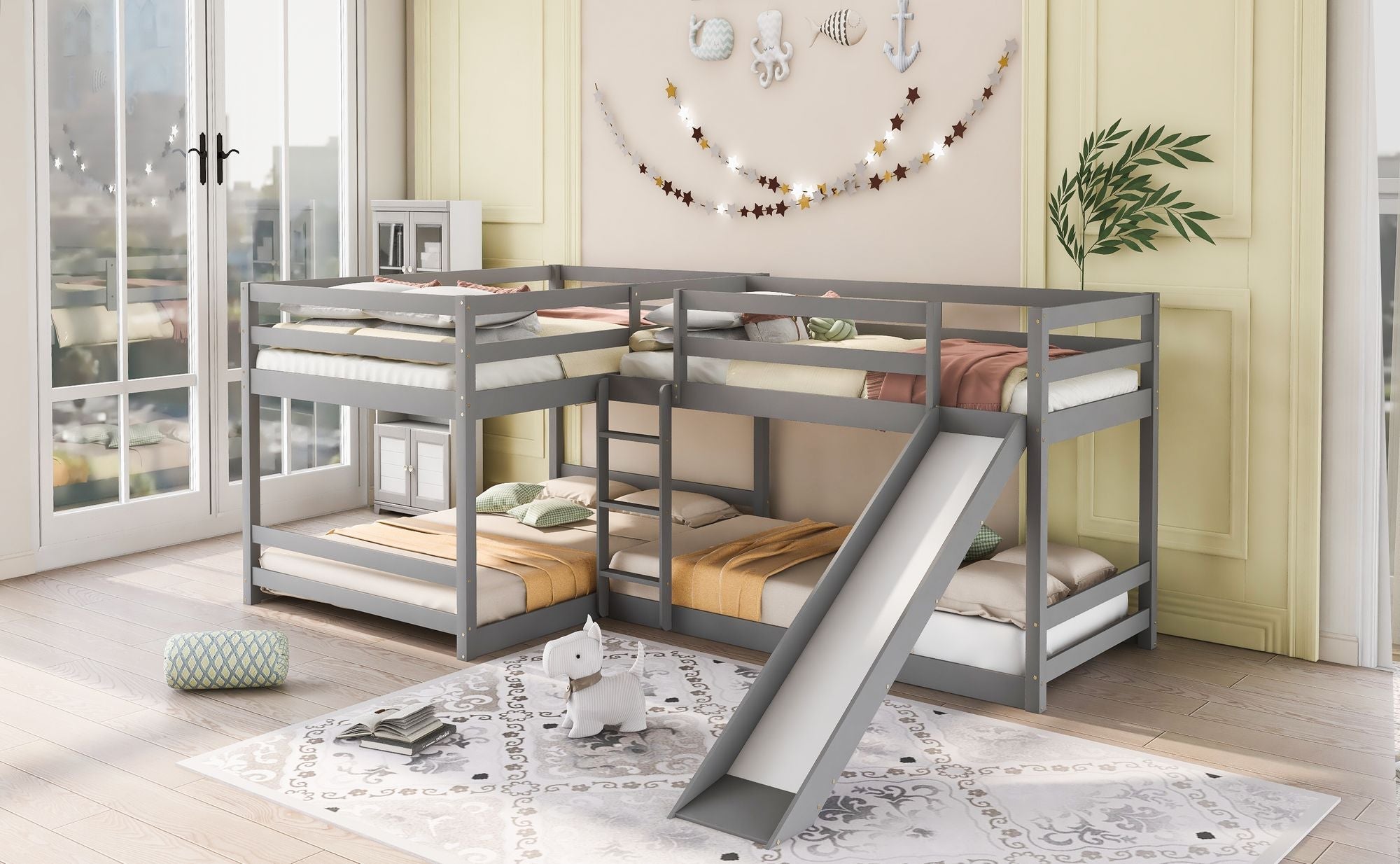 Space-Saving Full and Twin L-Shaped Wood Bunk Bed with Slide and Short Ladder in White | Just Better Bunk Beds