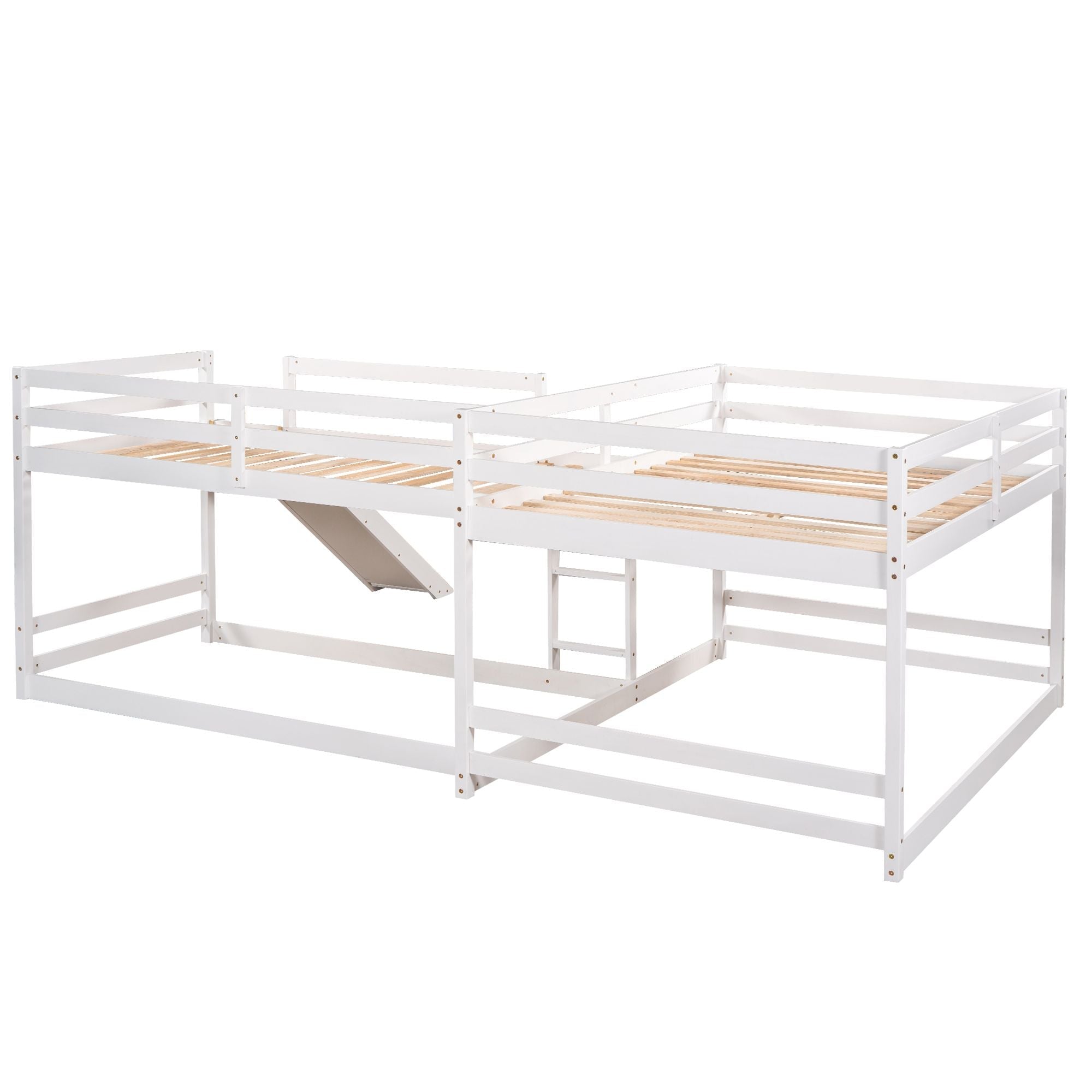 Space-Saving Full and Twin L-Shaped Wood Bunk Bed with Slide and Short Ladder in White | Just Better Bunk Beds
