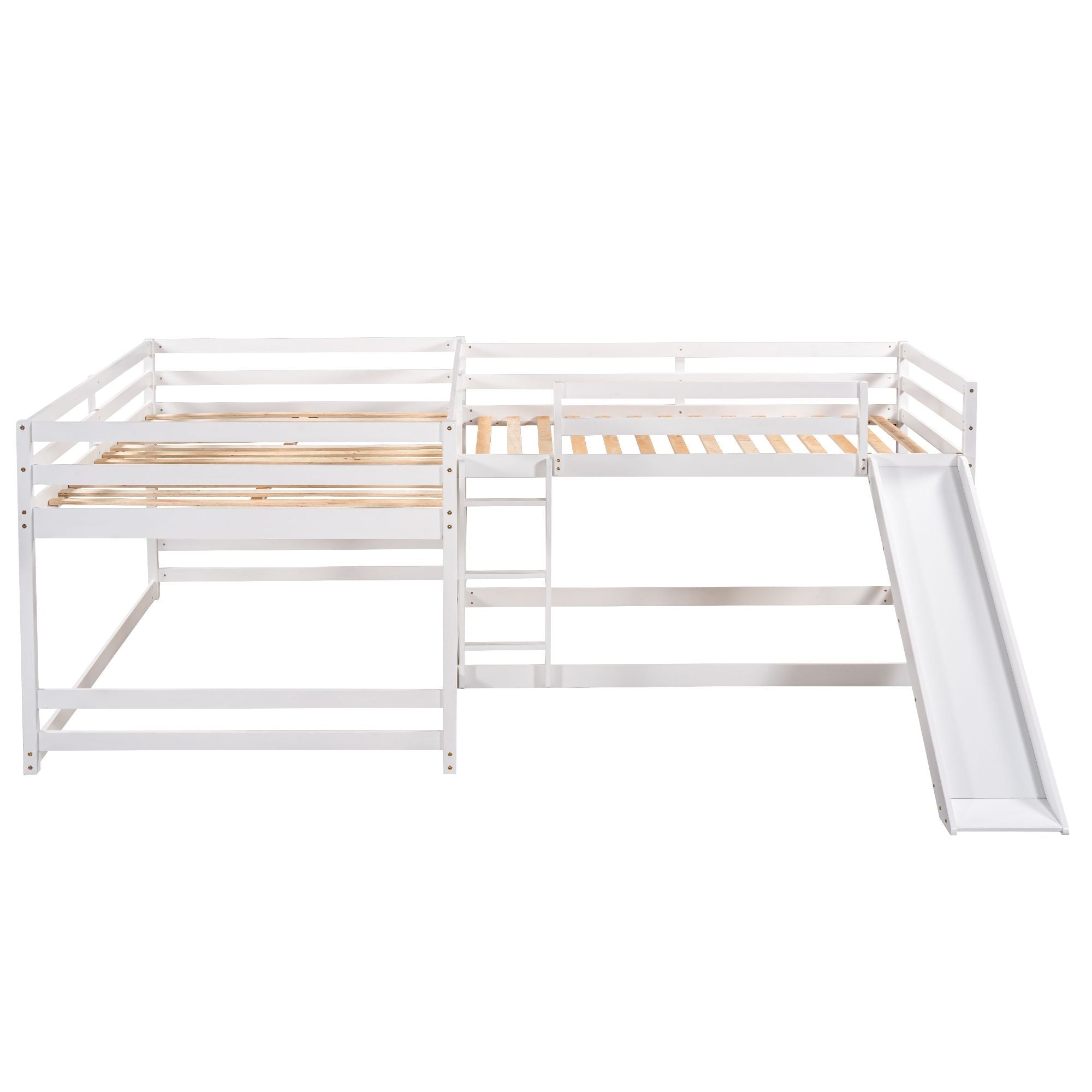 Space-Saving Full and Twin L-Shaped Wood Bunk Bed with Slide and Short Ladder in White | Just Better Bunk Beds
