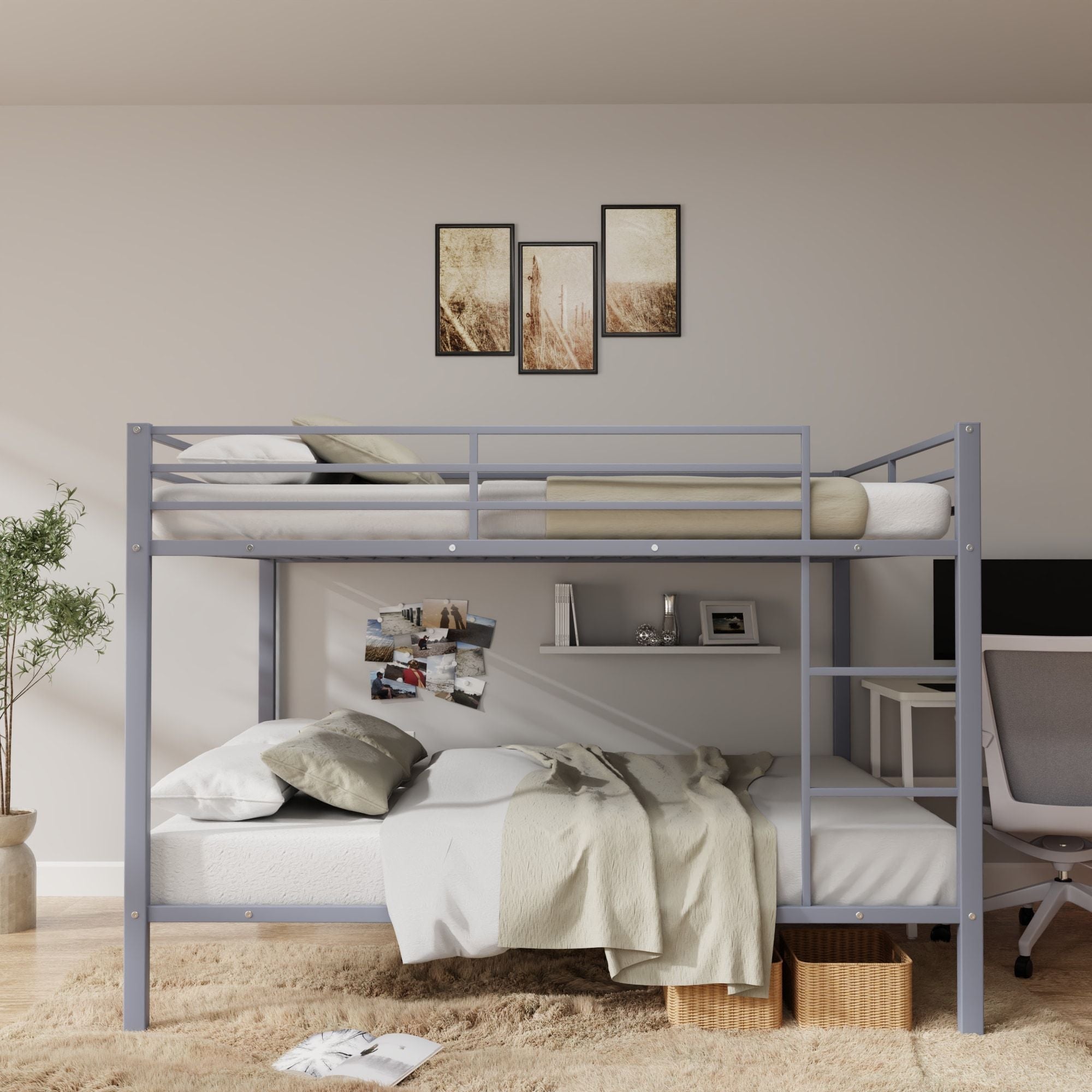 Space-Saving Full Over Full Metal Bunk Bed with Built-In Ladder and Safety Rails, Gray | Just Better Bunk Beds