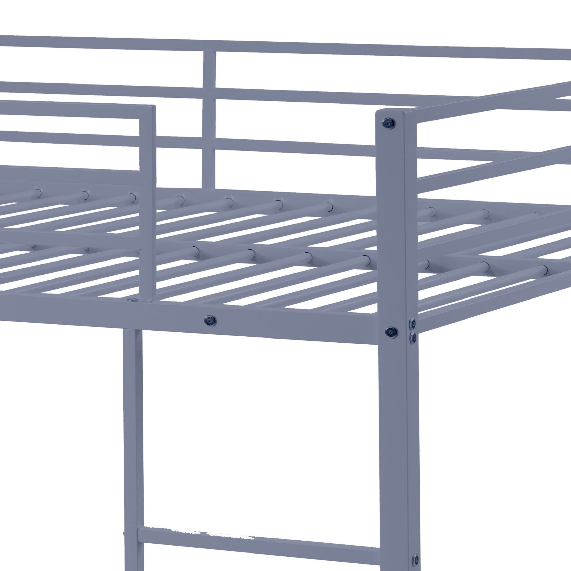 Space-Saving Full Over Full Metal Bunk Bed with Built-In Ladder and Safety Rails, Gray | Just Better Bunk Beds