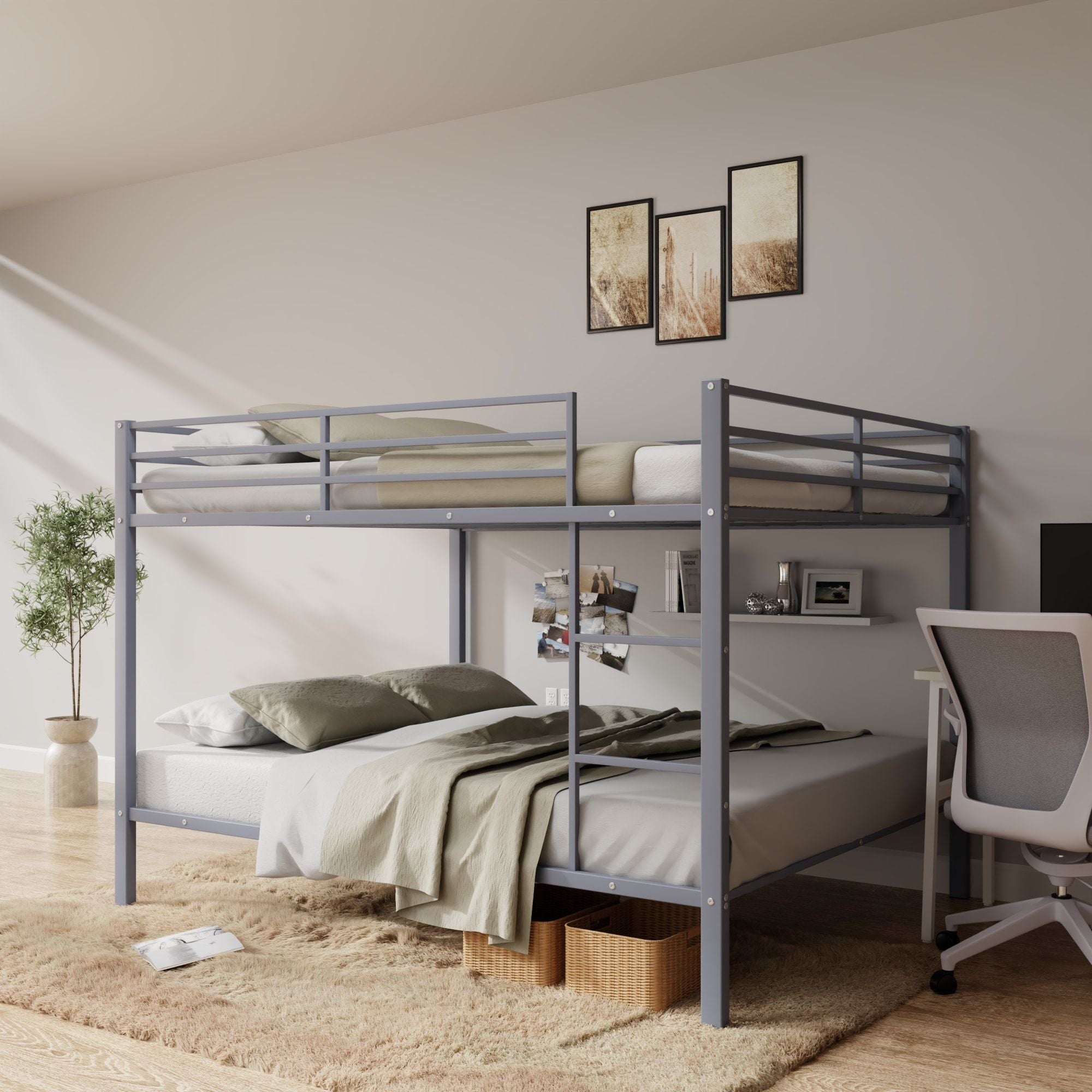 Space-Saving Full Over Full Metal Bunk Bed with Built-In Ladder and Safety Rails, Gray | Just Better Bunk Beds