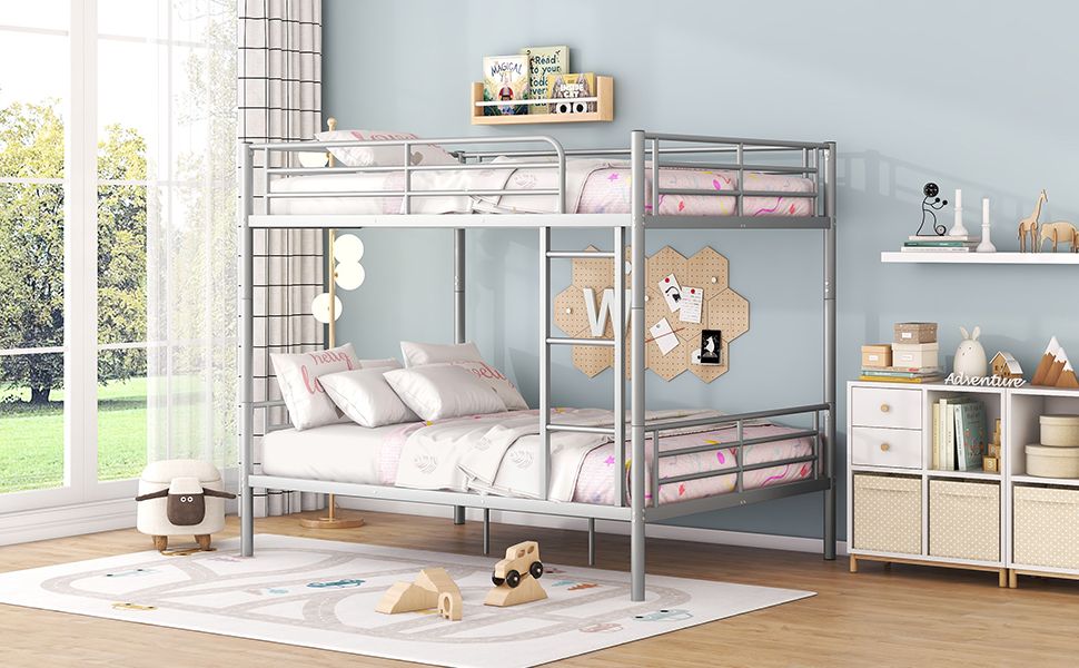 Space-Saving Full Over Full Metal Bunk Bed with Safety Guardrails, Ladder, Silver Finish | Just Better Bunk Beds