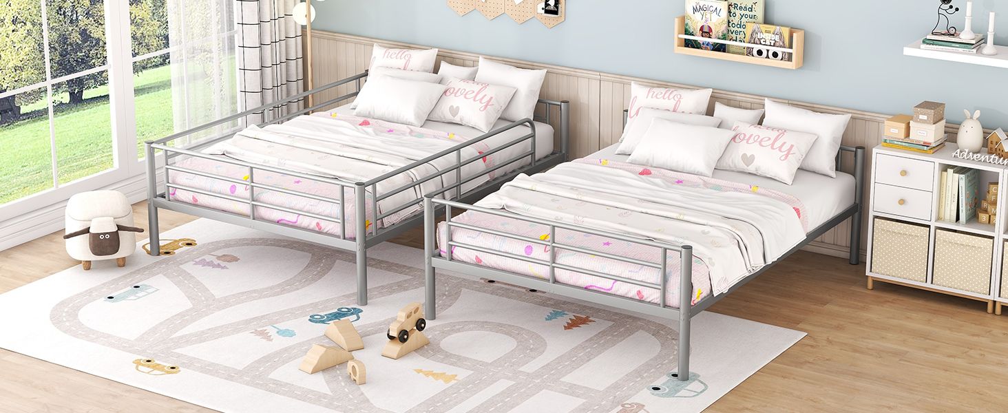 Space-Saving Full Over Full Metal Bunk Bed with Safety Guardrails, Ladder, Silver Finish | Just Better Bunk Beds