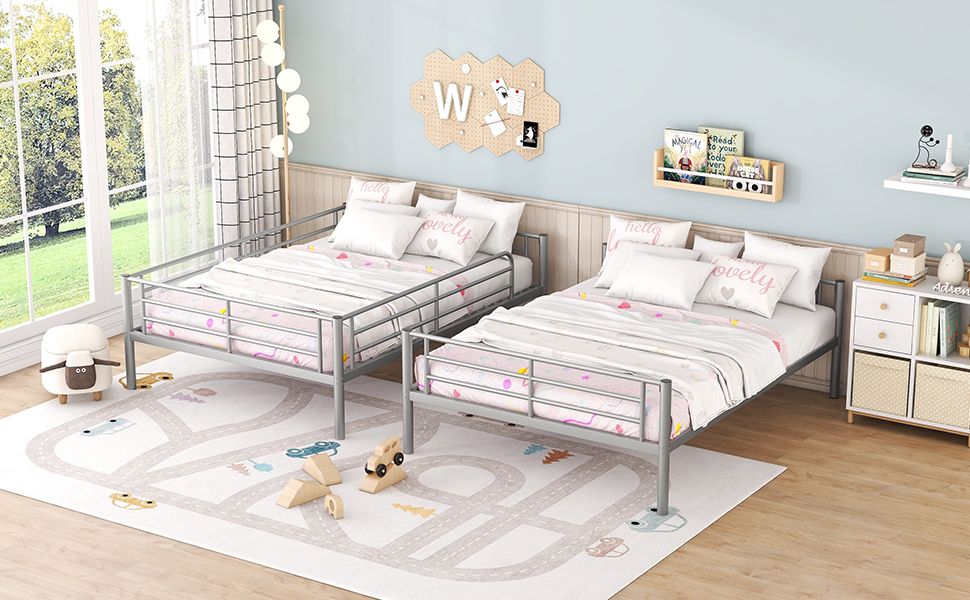 Space-Saving Full Over Full Metal Bunk Bed with Safety Guardrails, Ladder, Silver Finish | Just Better Bunk Beds