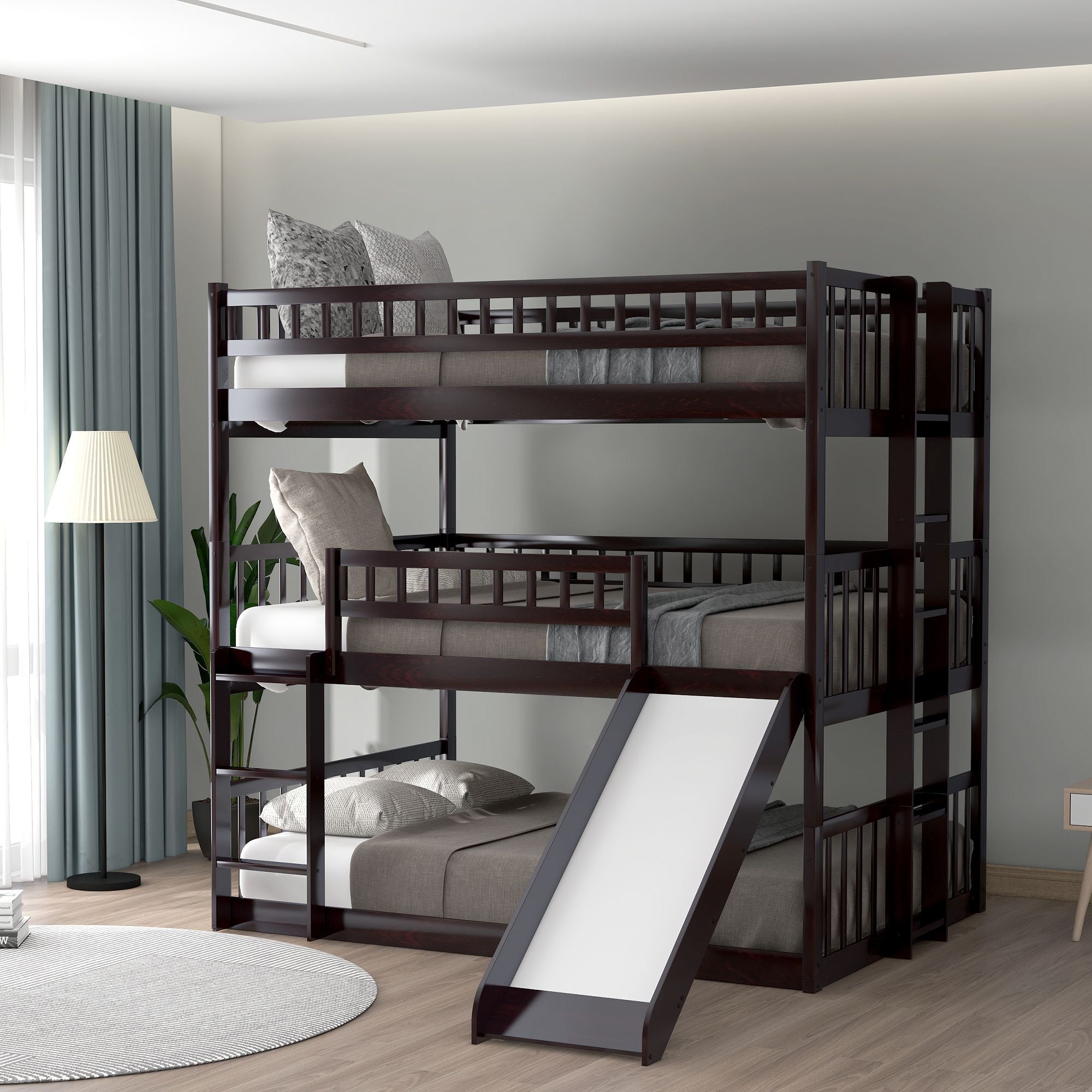 Space-Saving Full Over Full Over Full Wood Triple Bunk Bed with Ladder and Slide, Espresso | Just Better Bunk Beds
