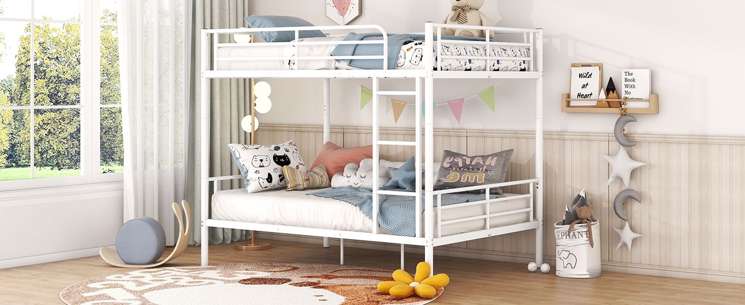 Space-Saving Full Over Full White Metal Bunk Bed with Integrated Ladder | Just Better Bunk Beds