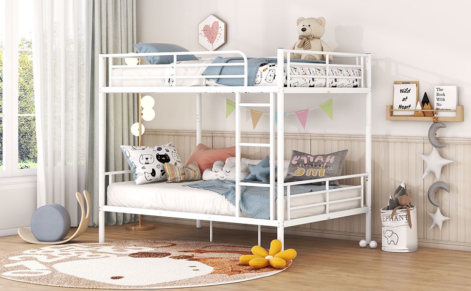 Space-Saving Full Over Full White Metal Bunk Bed with Integrated Ladder | Just Better Bunk Beds