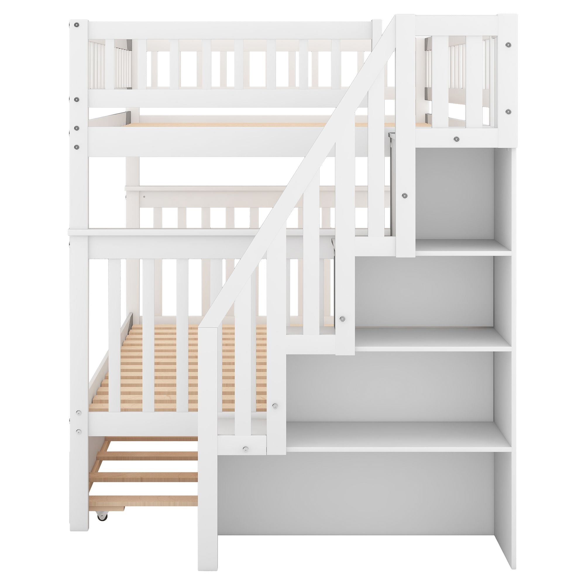 Space-Saving Full Over Full Wood Bunk Bed with Trundle, Staircase Storage, Gray or White | Just Better Bunk Beds