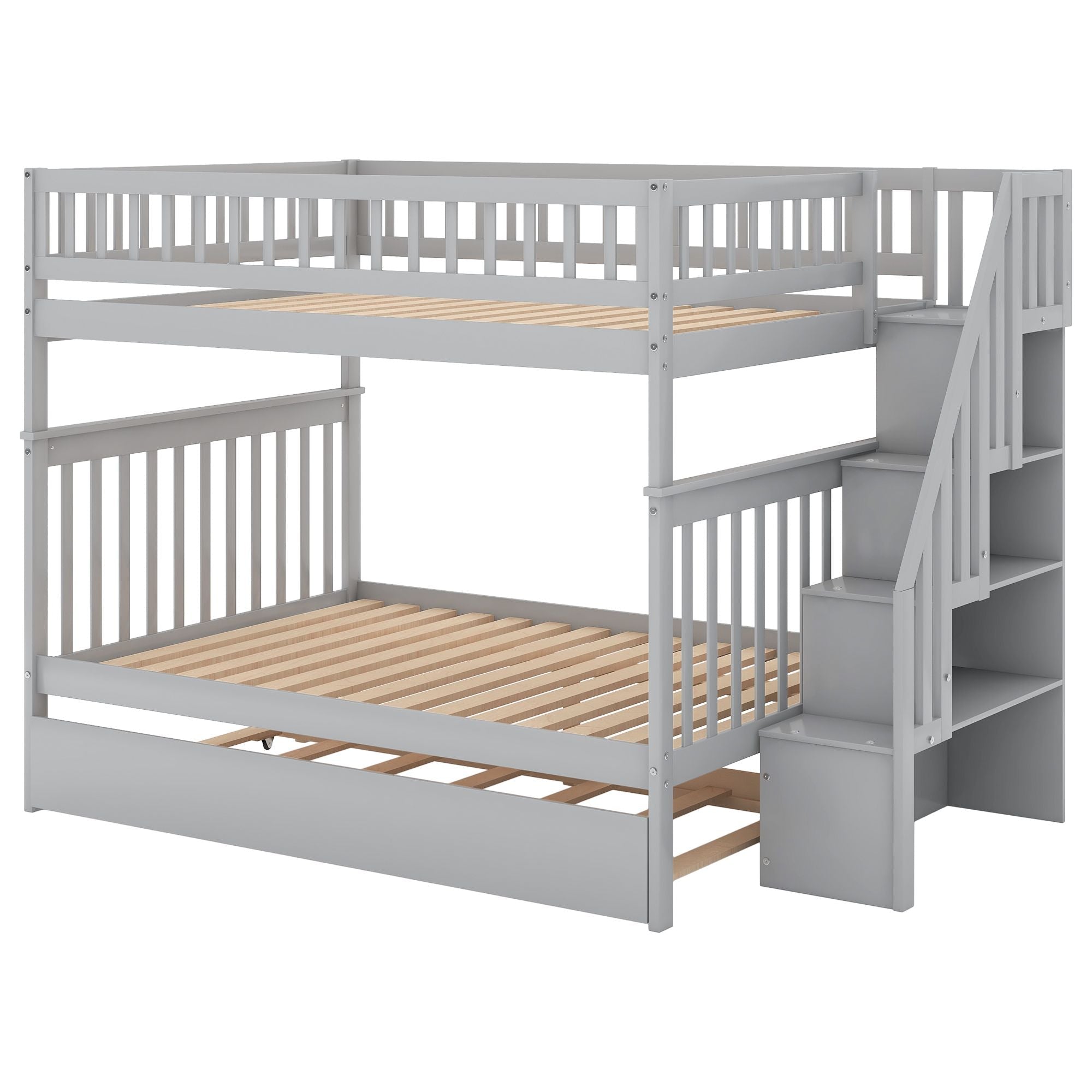 Space-Saving Full Over Full Wood Bunk Bed with Trundle, Staircase Storage, Gray or White | Just Better Bunk Beds