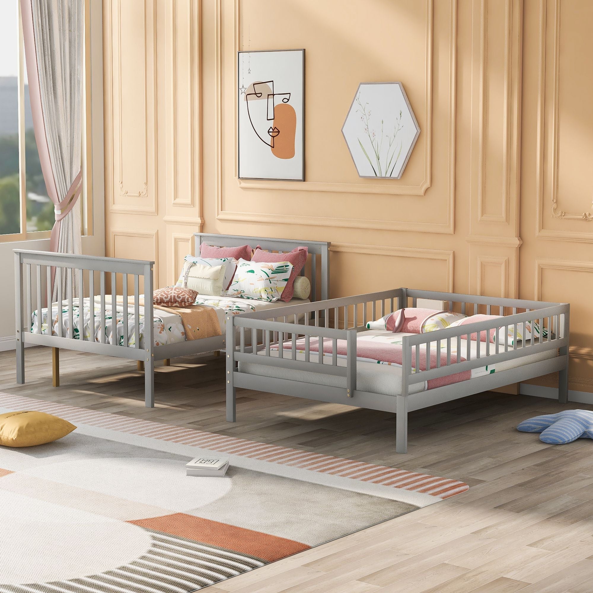 Space-Saving Full Over Full Wood Bunk Bed with Trundle, Staircase Storage, Gray or White | Just Better Bunk Beds