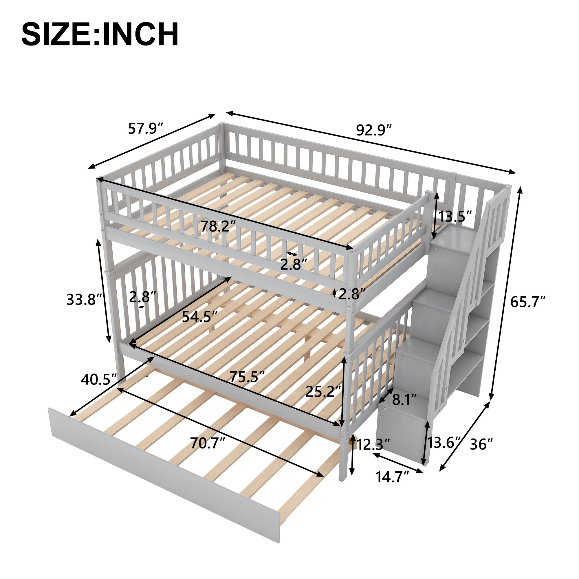 Space-Saving Full Over Full Wood Bunk Bed with Trundle, Staircase Storage, Gray or White | Just Better Bunk Beds