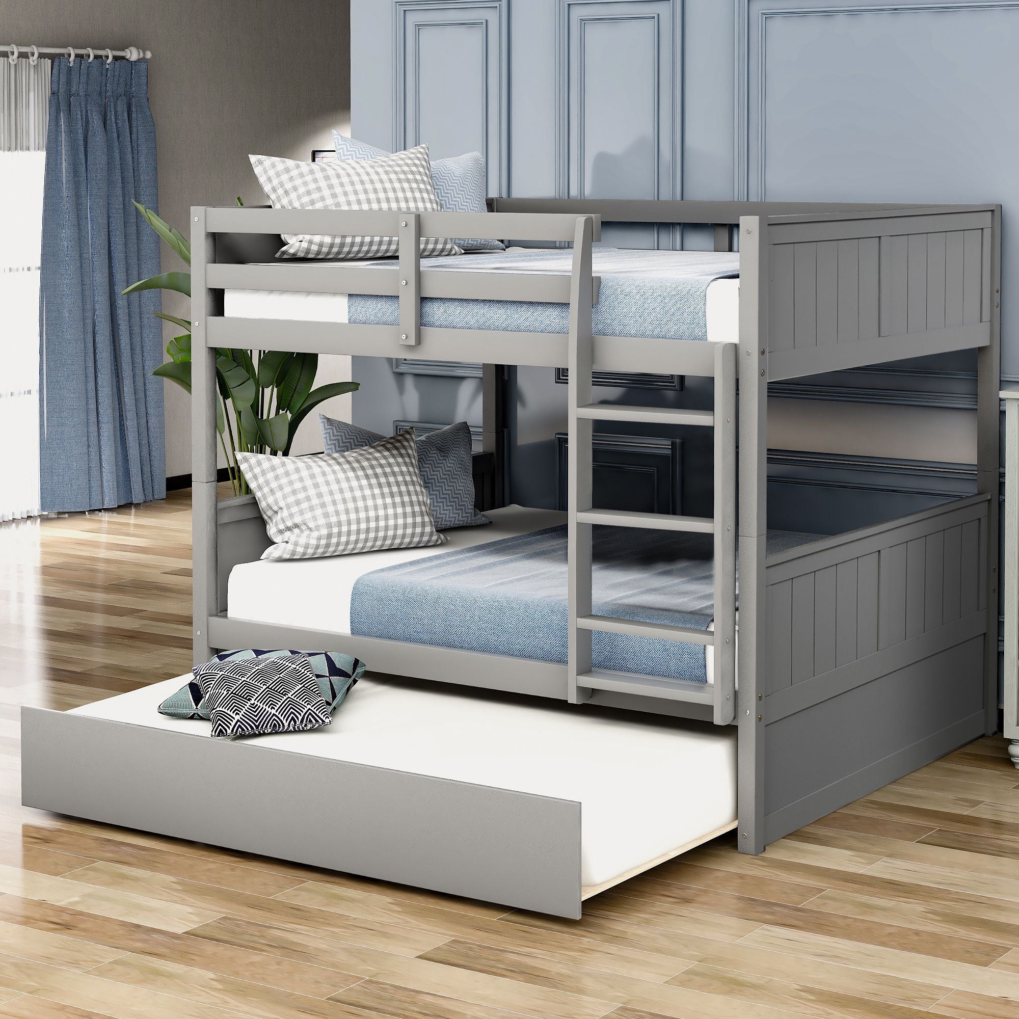 Space-Saving Full Over Full Wood Bunk Bed with Twin Trundle in Multiple Finishes | Just Better Bunk Beds
