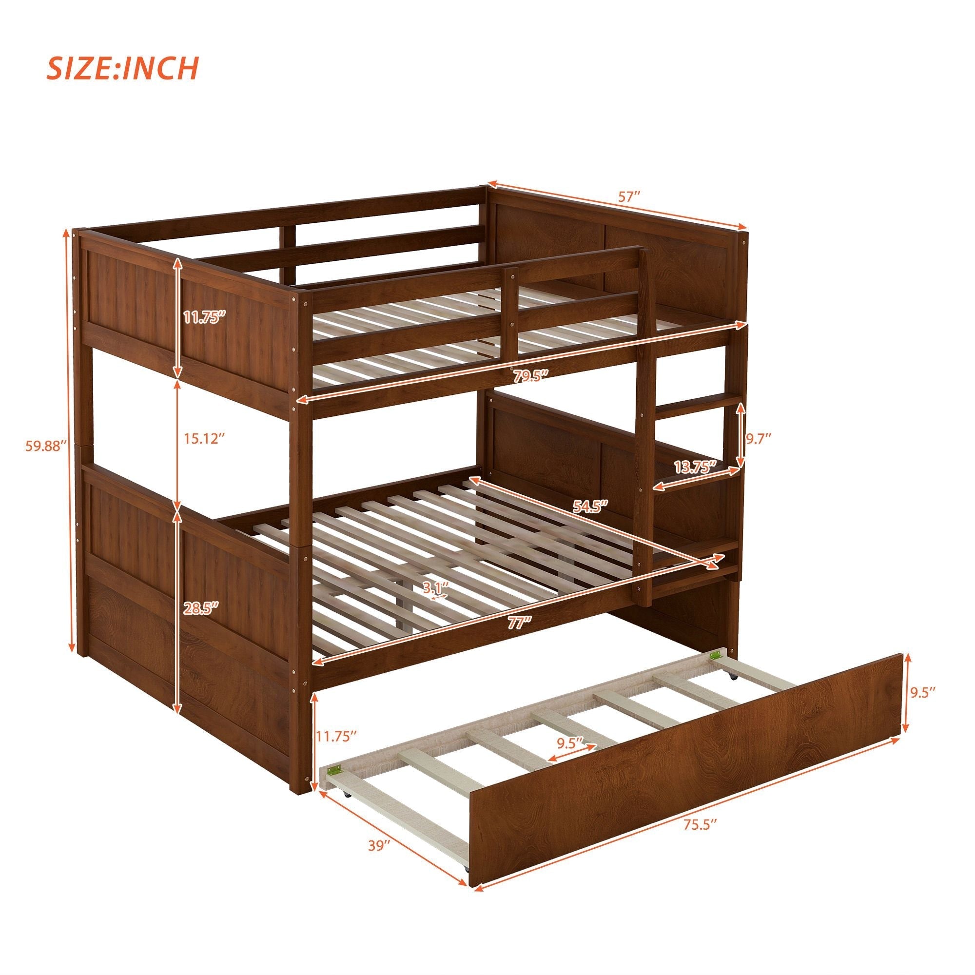 Space-Saving Full Over Full Wood Bunk Bed with Twin Trundle in Multiple Finishes | Just Better Bunk Beds