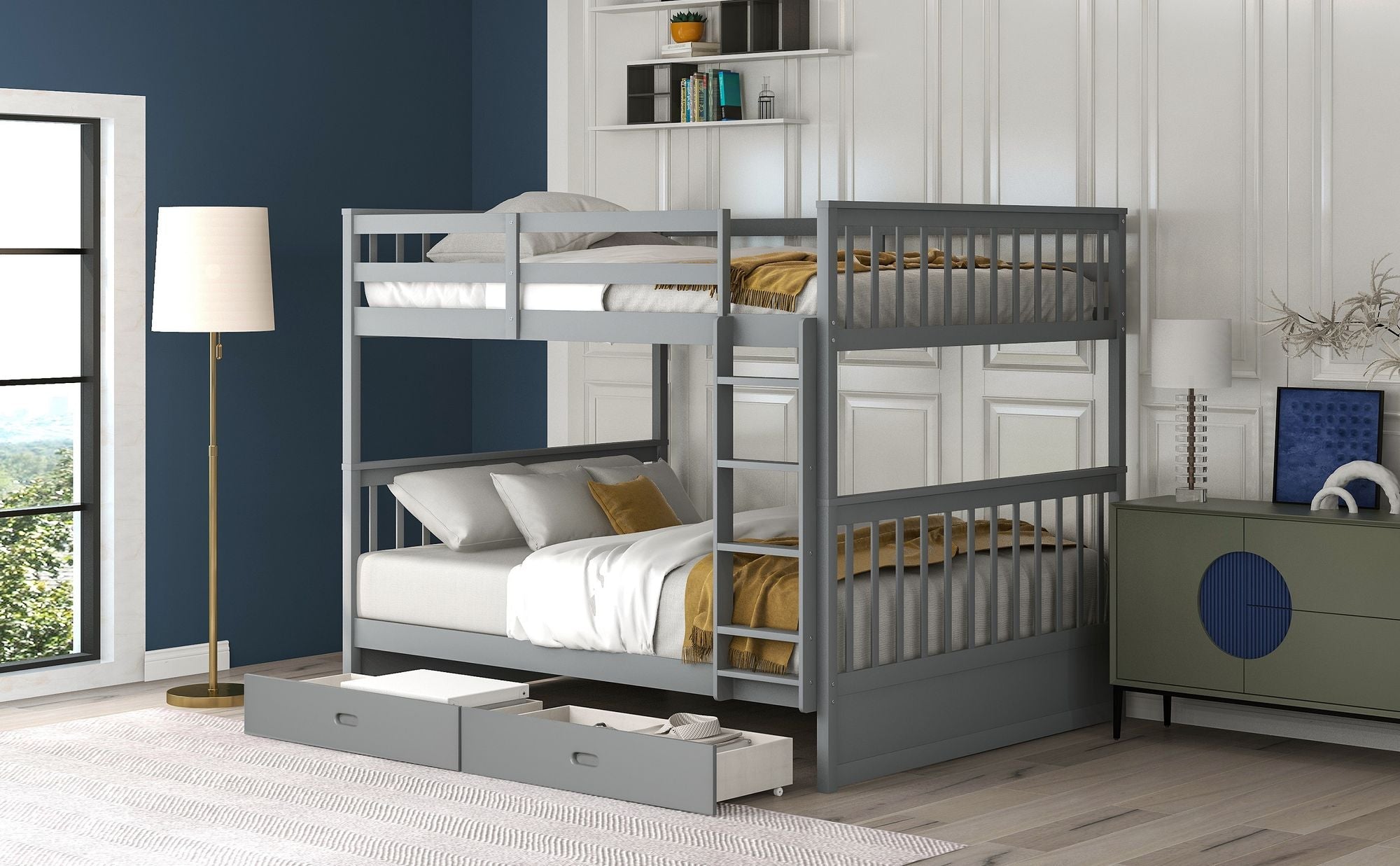 Space-Saving Full Over Full Wood Bunk Bed with Two Storage Drawers and Ladders in Multiple Finishes | Just Better Bunk Beds