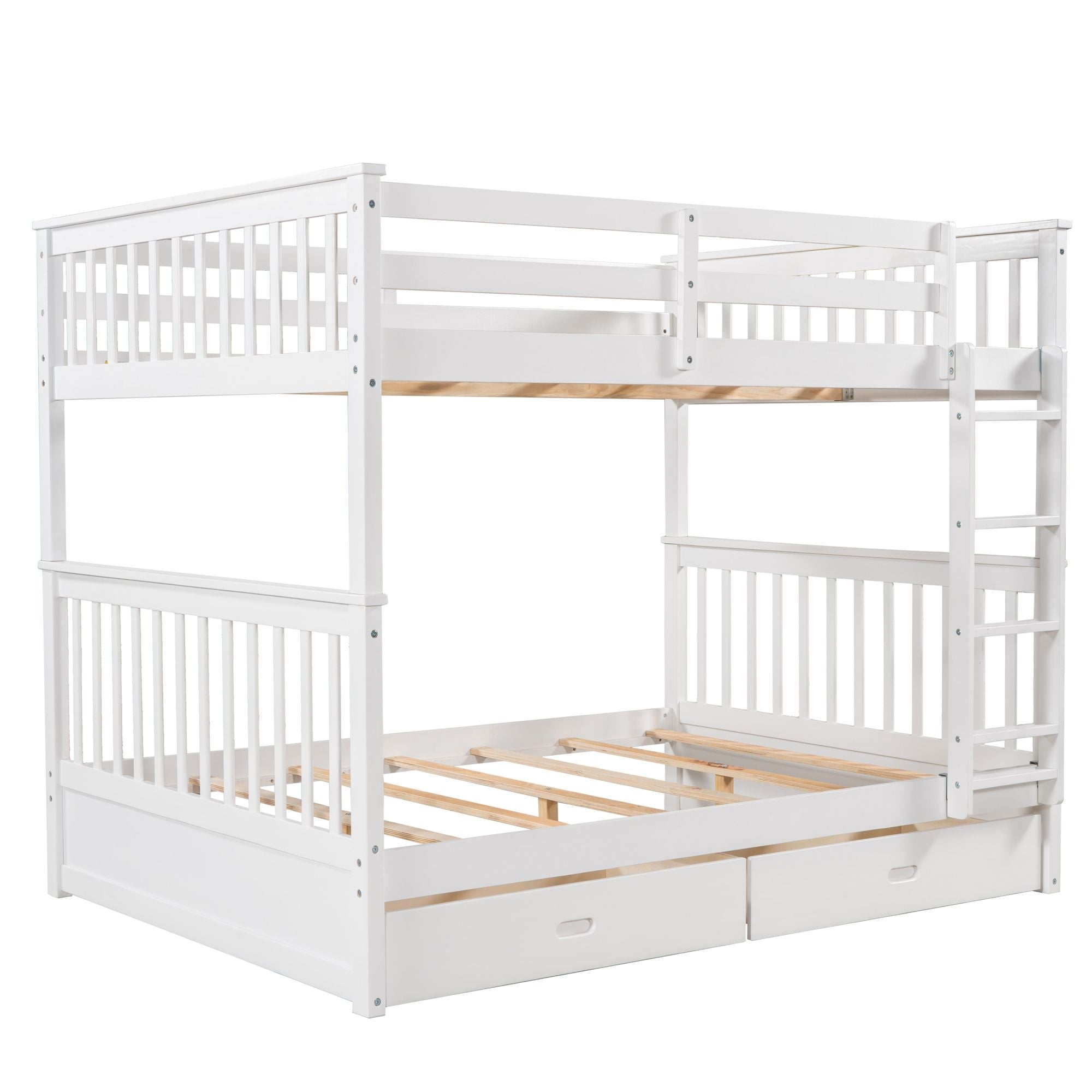 Space-Saving Full Over Full Wood Bunk Bed with Two Storage Drawers and Ladders in Multiple Finishes | Just Better Bunk Beds