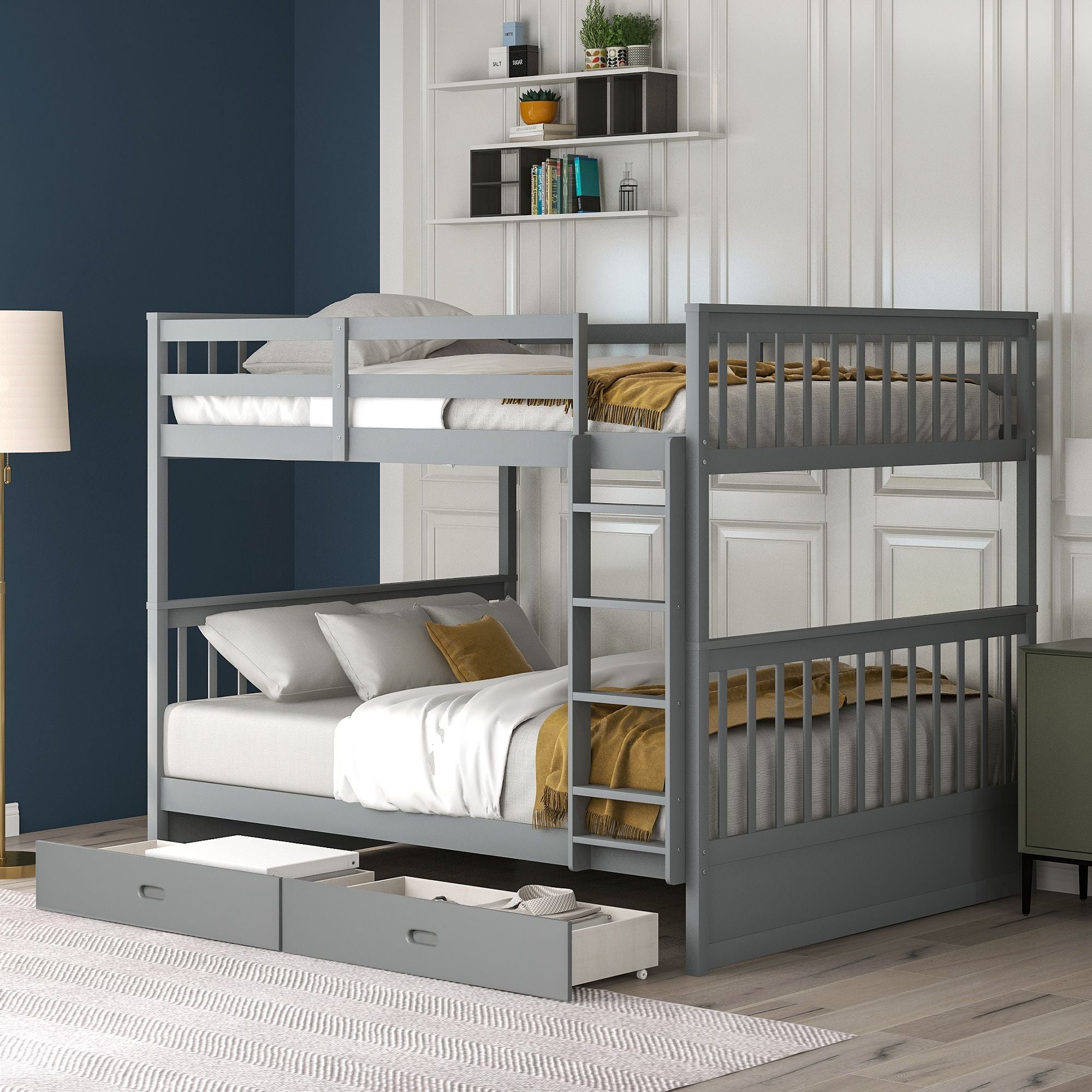 Space-Saving Full Over Full Wood Bunk Bed with Two Storage Drawers and Ladders in Multiple Finishes | Just Better Bunk Beds