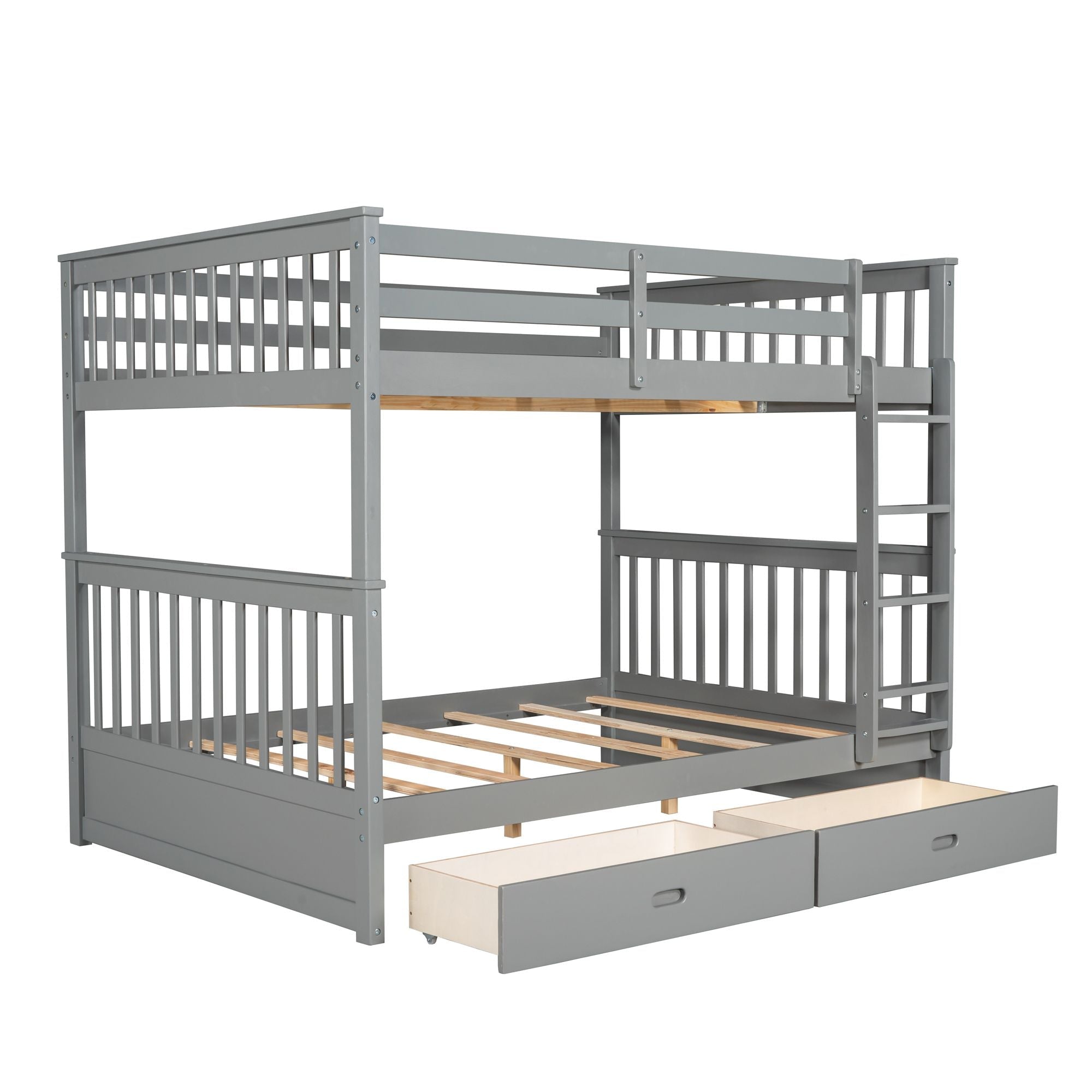 Space-Saving Full Over Full Wood Bunk Bed with Two Storage Drawers and Ladders in Multiple Finishes | Just Better Bunk Beds