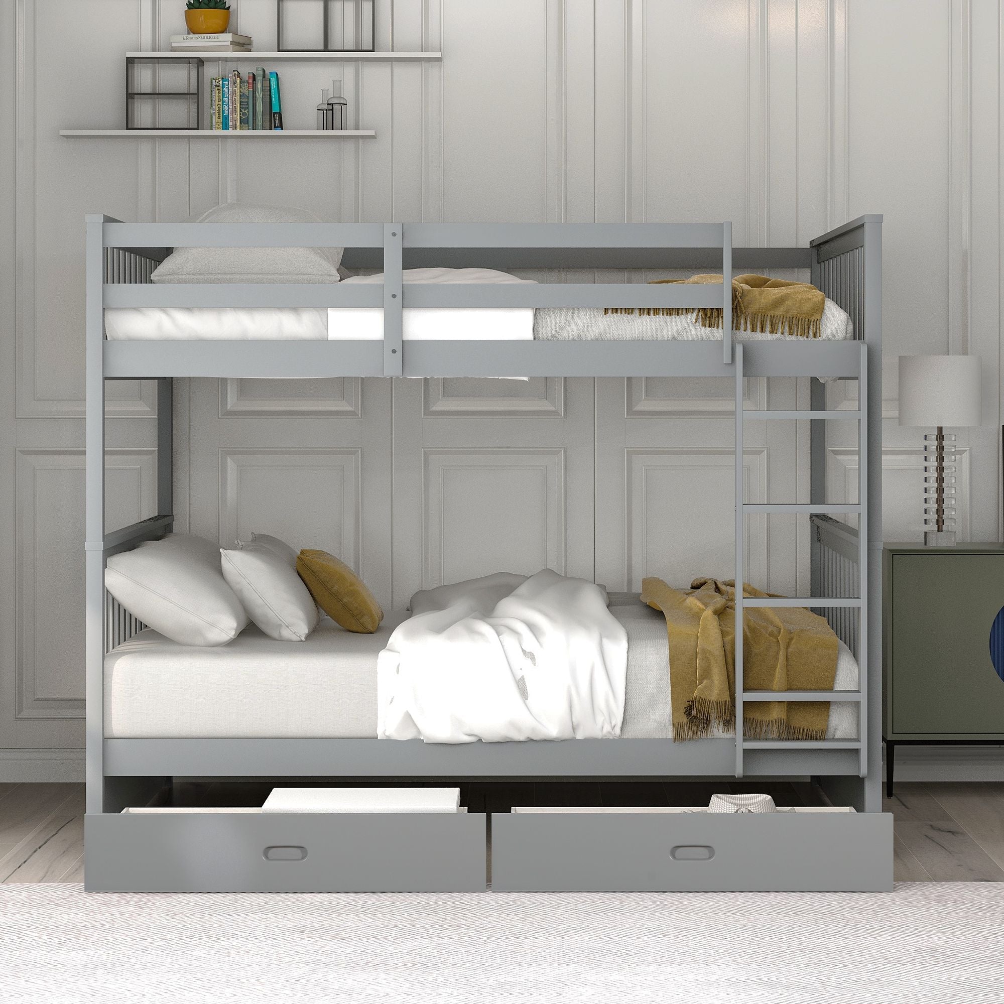 Space-Saving Full Over Full Wood Bunk Bed with Two Storage Drawers and Ladders in Multiple Finishes | Just Better Bunk Beds