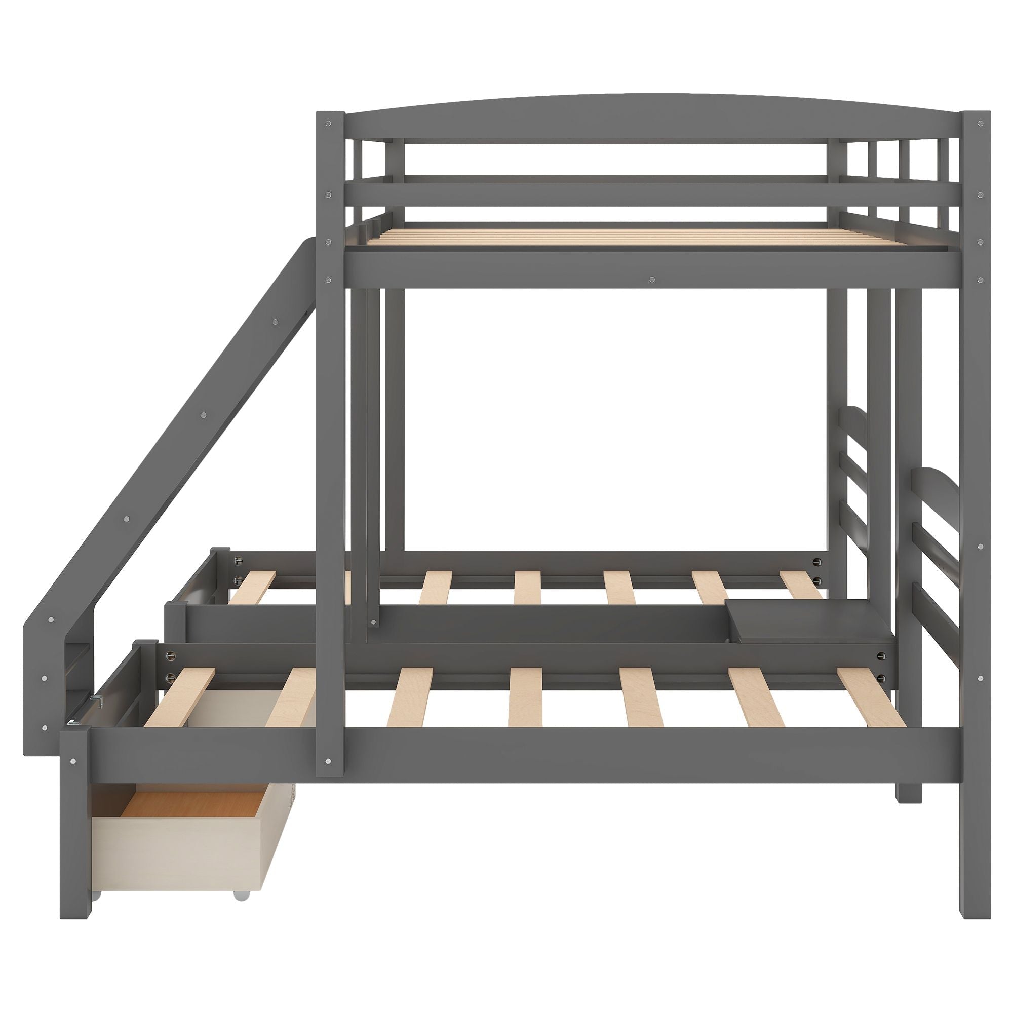 Space-Saving Full Over Twin & Twin Wood Triple Bunk Bed with Drawers, Gray | Just Better Bunk Beds