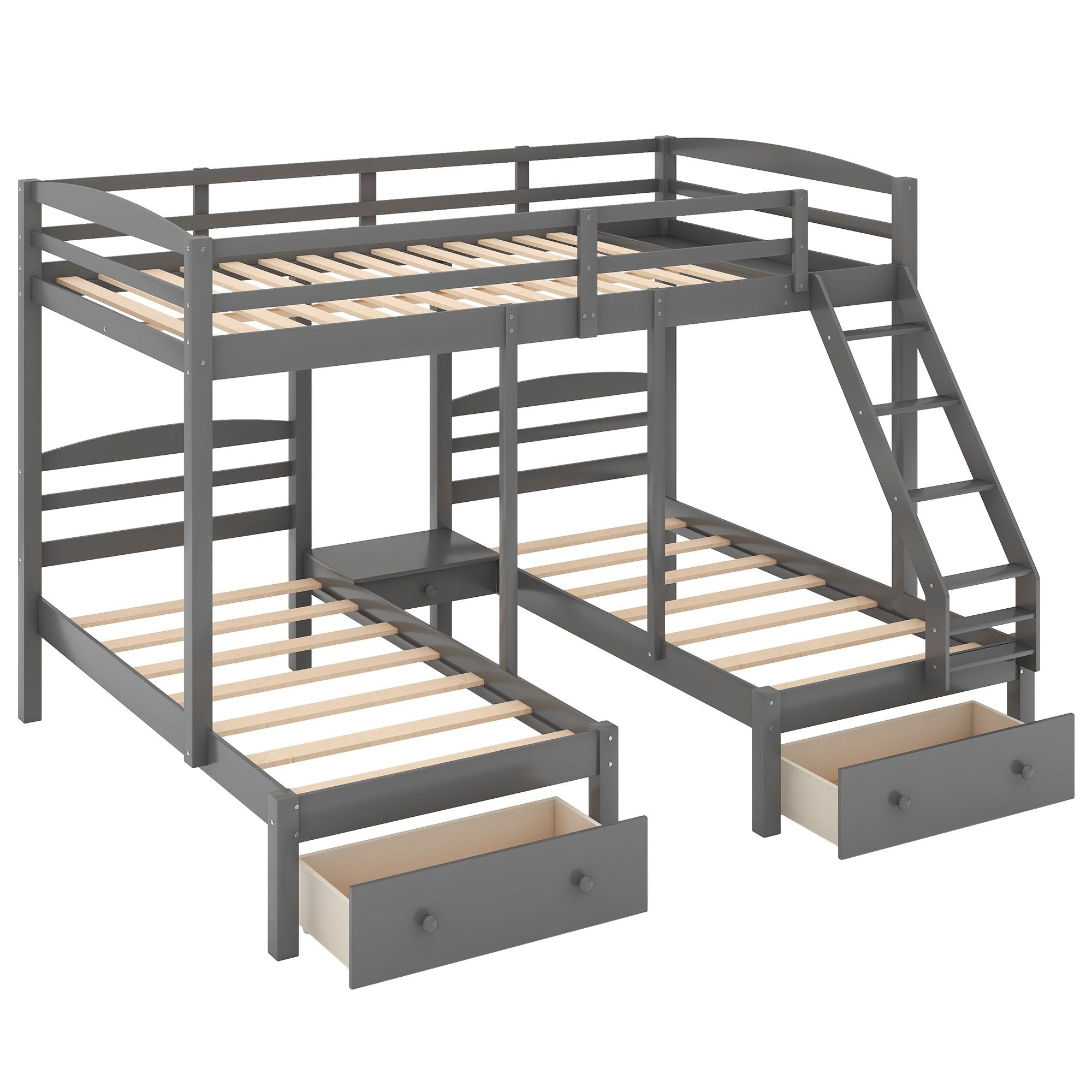 Space-Saving Full Over Twin & Twin Wood Triple Bunk Bed with Drawers, Gray | Just Better Bunk Beds