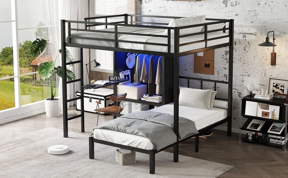 Space-Saving Full XL Over Twin Metal Bunk Bed with Folding Desk and LED Closet in Black | Just Better Bunk Beds