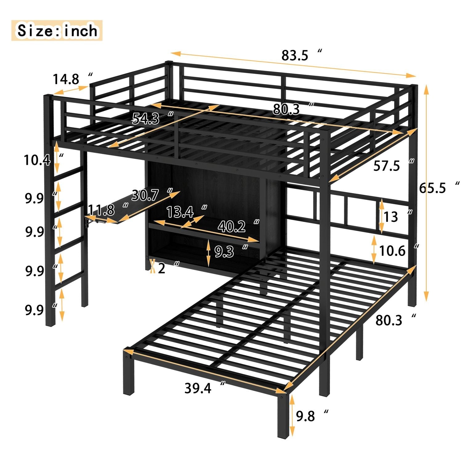 Space-Saving Full XL Over Twin Metal Bunk Bed with Folding Desk and LED Closet in Black | Just Better Bunk Beds