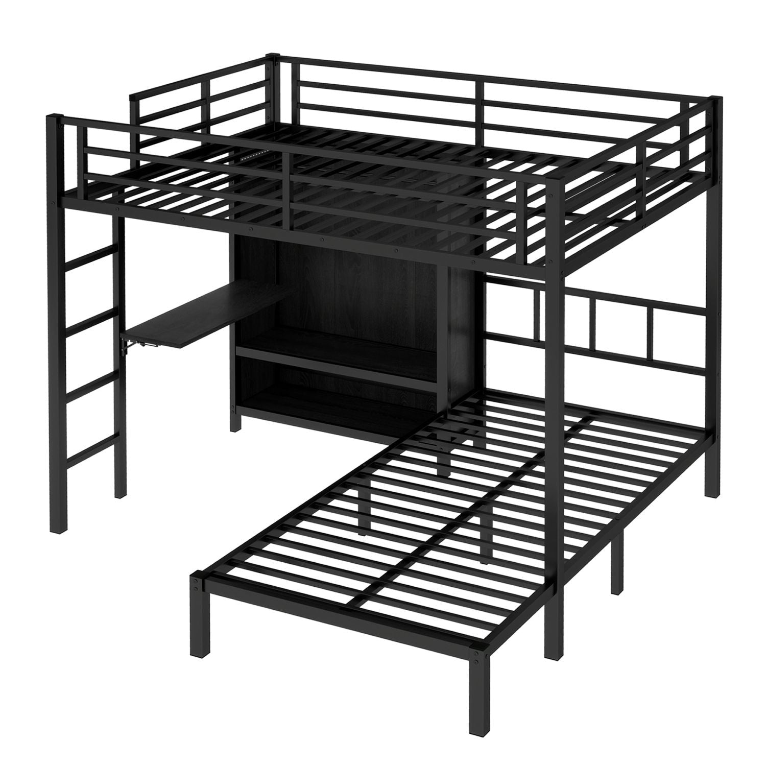 Space-Saving Full XL Over Twin Metal Bunk Bed with Folding Desk and LED Closet in Black | Just Better Bunk Beds